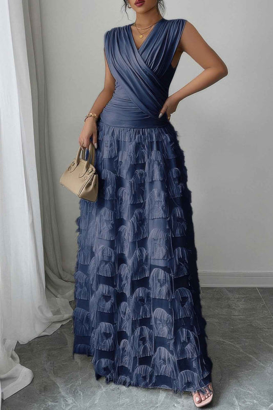 Solid V Neck Ruched Texture Splice Sleeveless Dress