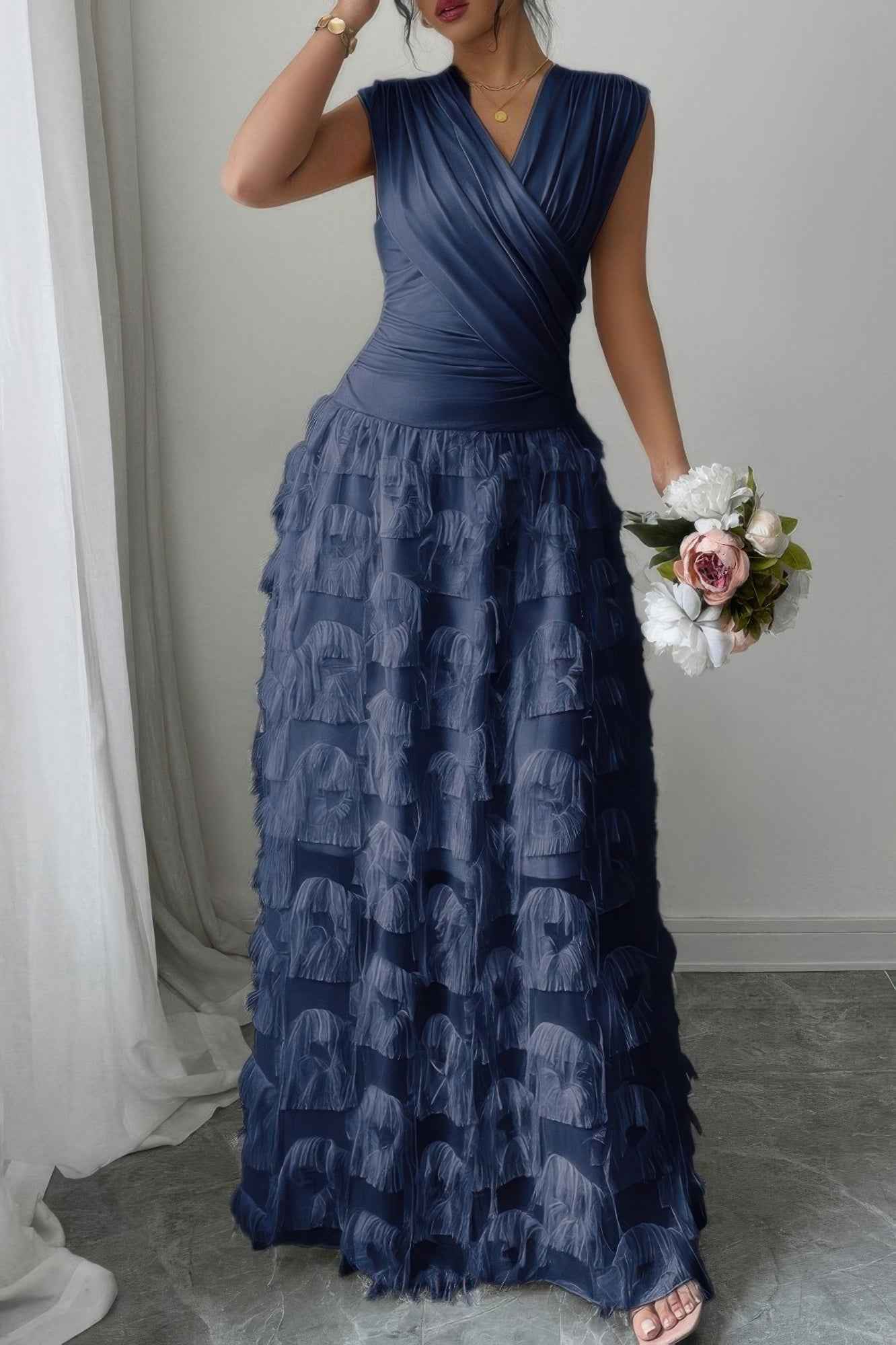 Solid V Neck Ruched Texture Splice Sleeveless Dress