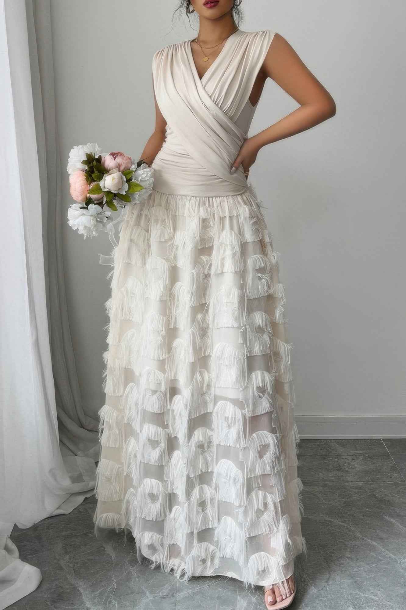 Solid V Neck Ruched Texture Splice Sleeveless Dress