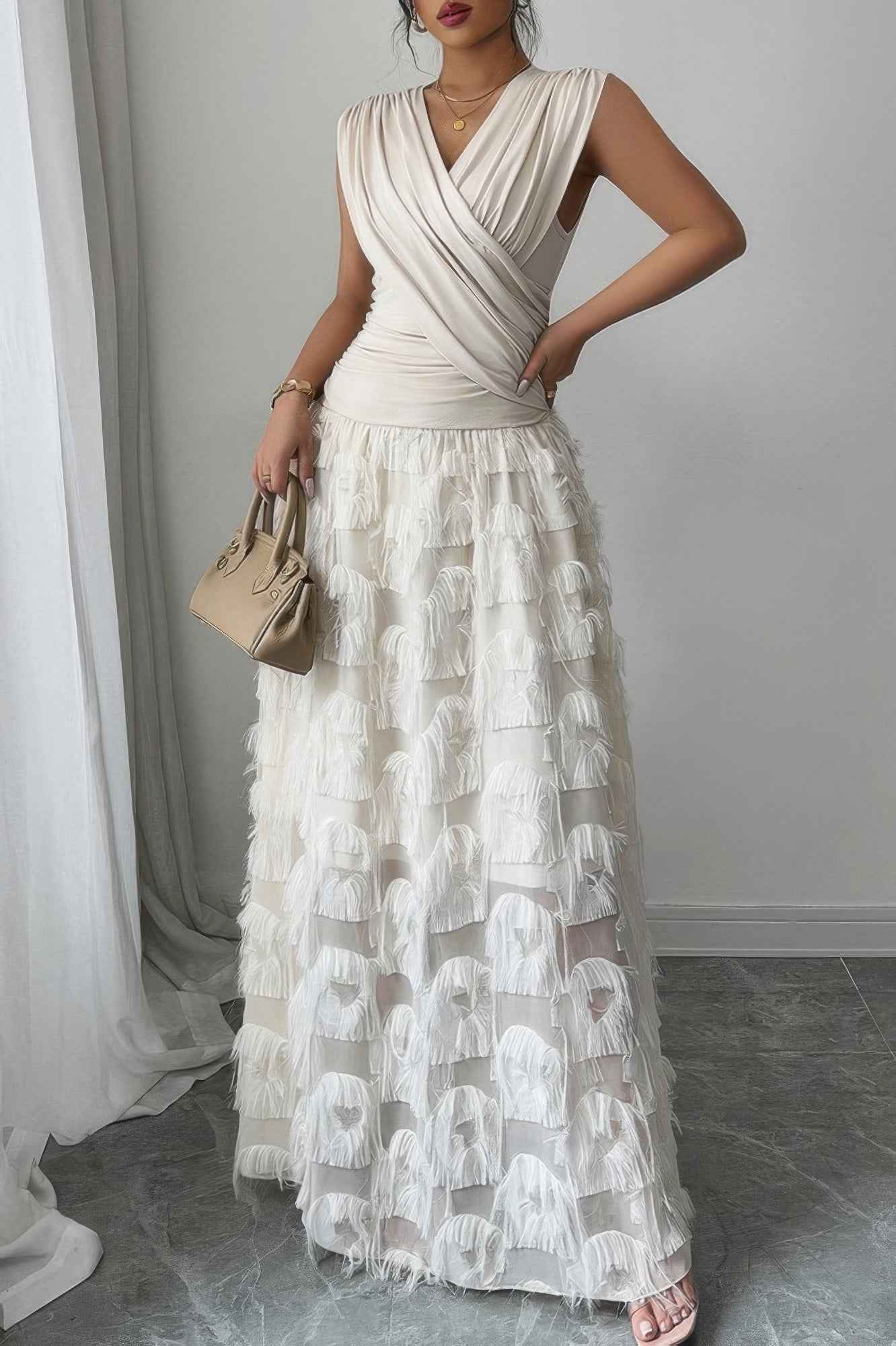 Solid V Neck Ruched Texture Splice Sleeveless Dress