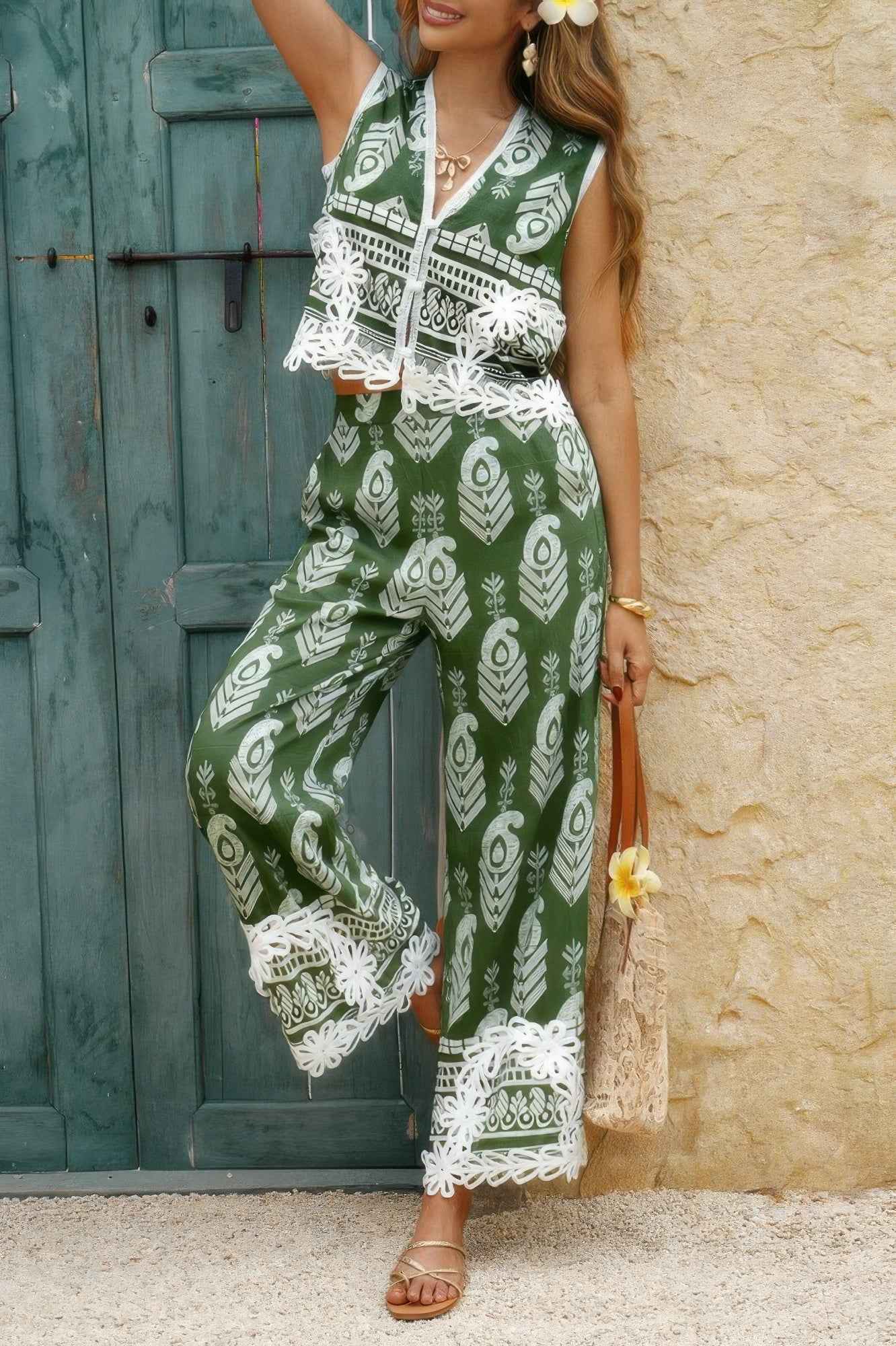 Boho Print Two Piece Sleeveless Button Lace Trim Set