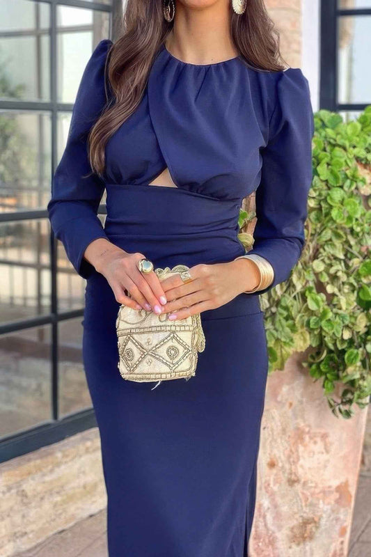 Round Neck Crossover Cut Out Slit Puff Sleeve Dress