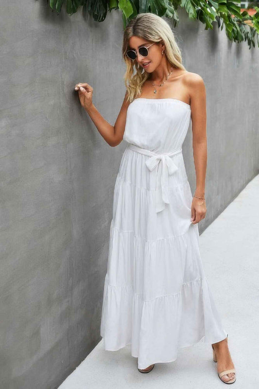 Off Shoulder Waist Tie Ruffle Dress