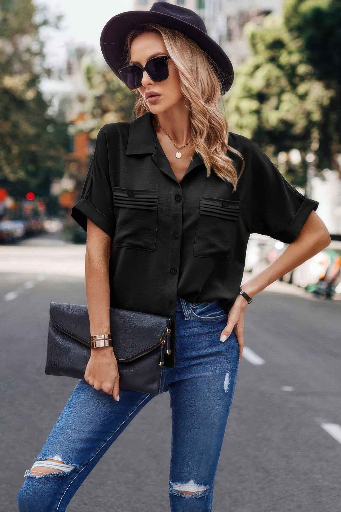 Button Up Open Front Solid Shirt