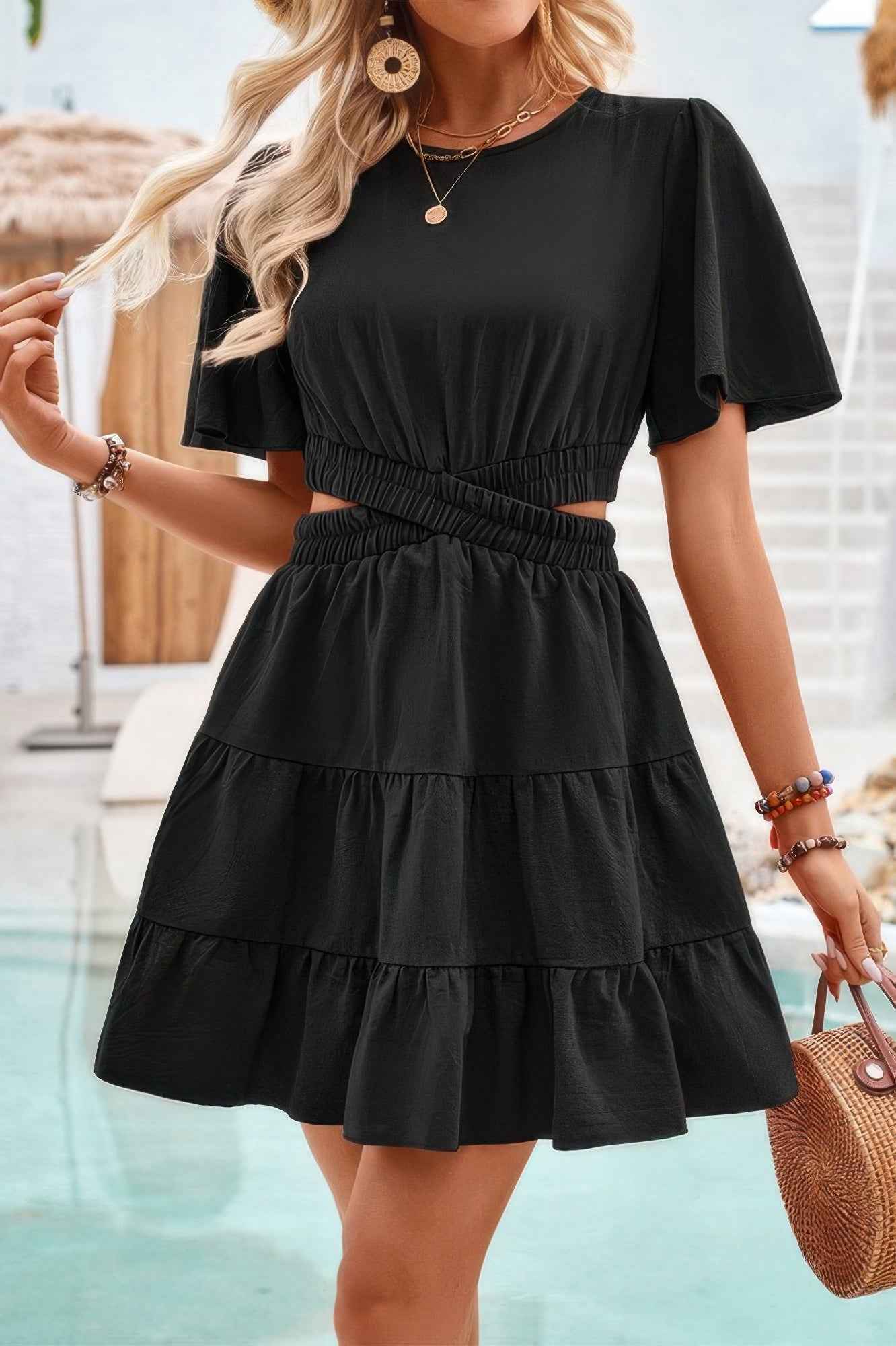 Cross Cut Out Fit Elastic Waist Ruffle Dress