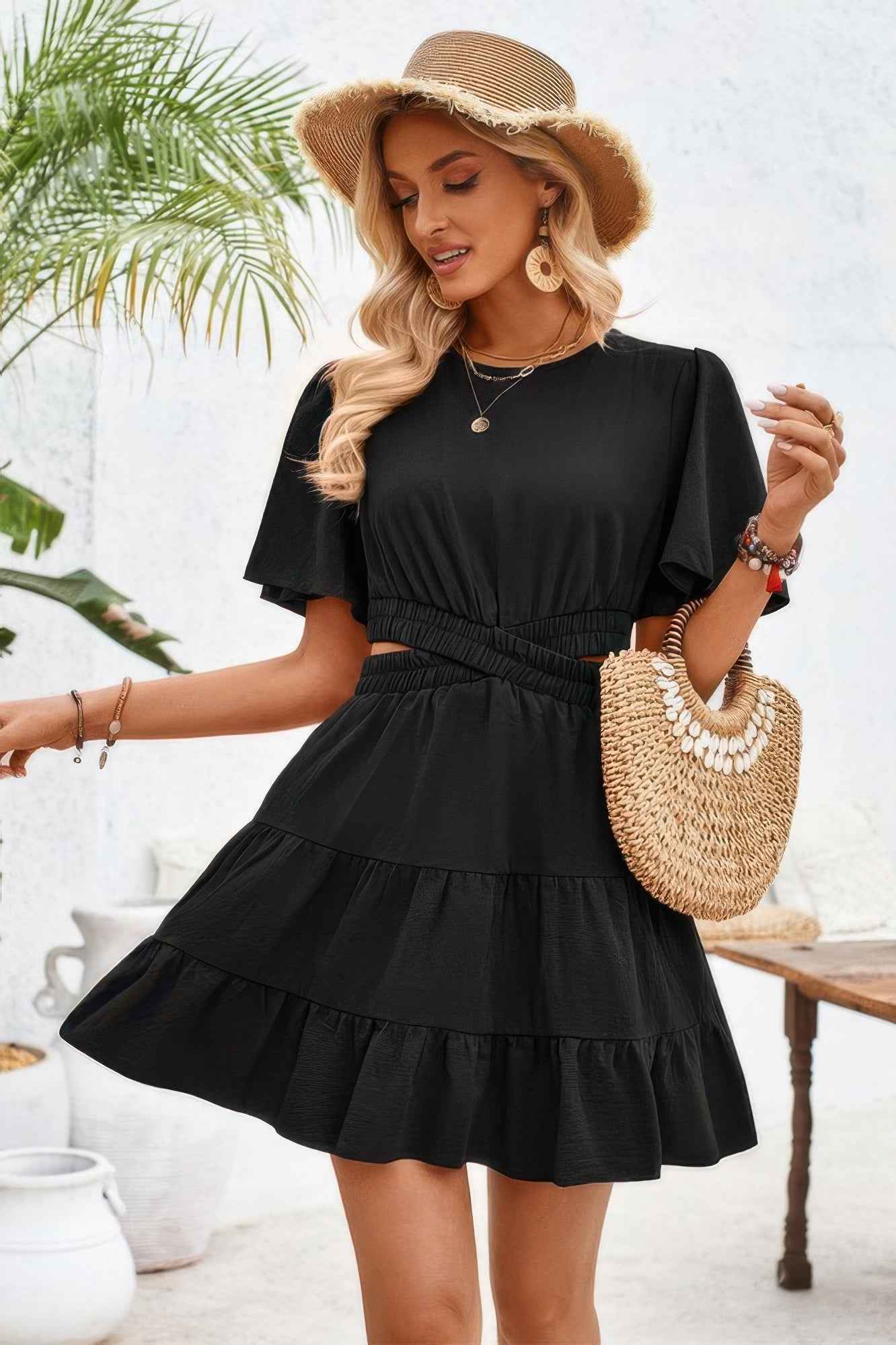 Cross Cut Out Fit Elastic Waist Ruffle Dress