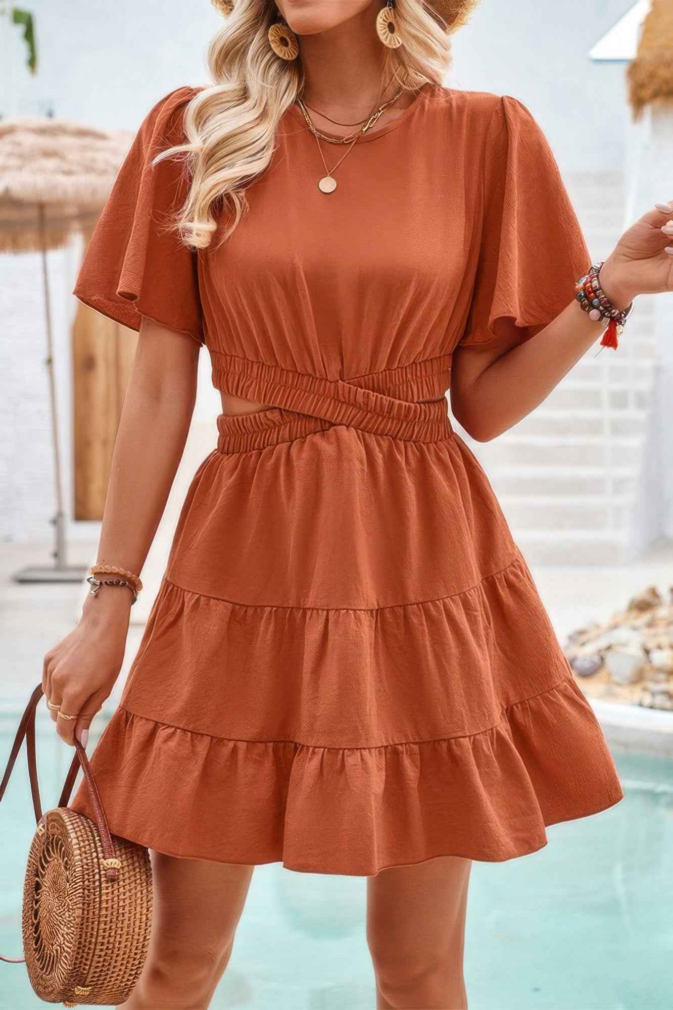 Cross Cut Out Fit Elastic Waist Ruffle Dress