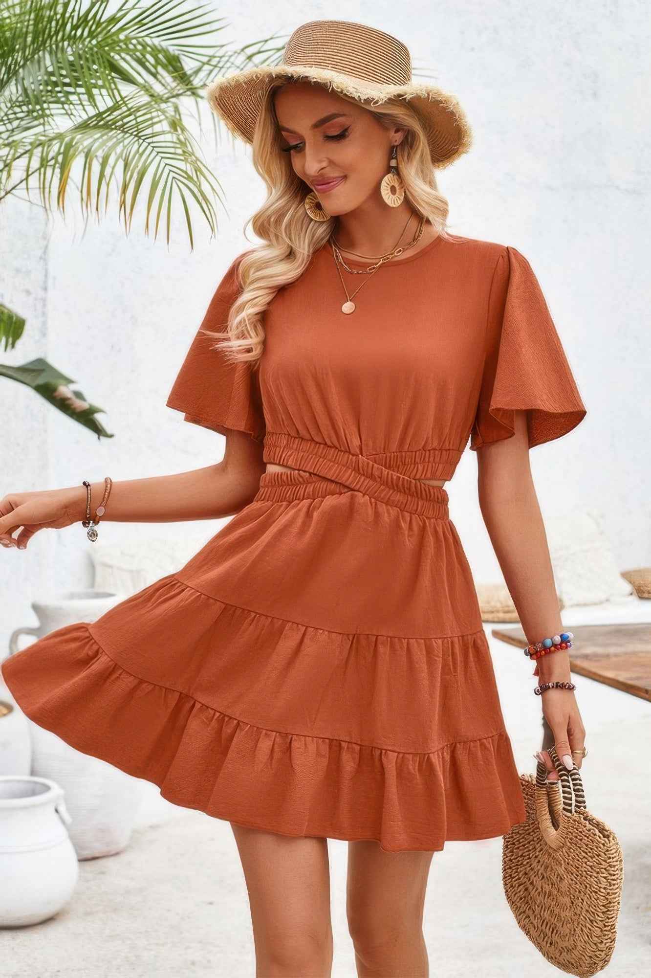 Cross Cut Out Fit Elastic Waist Ruffle Dress
