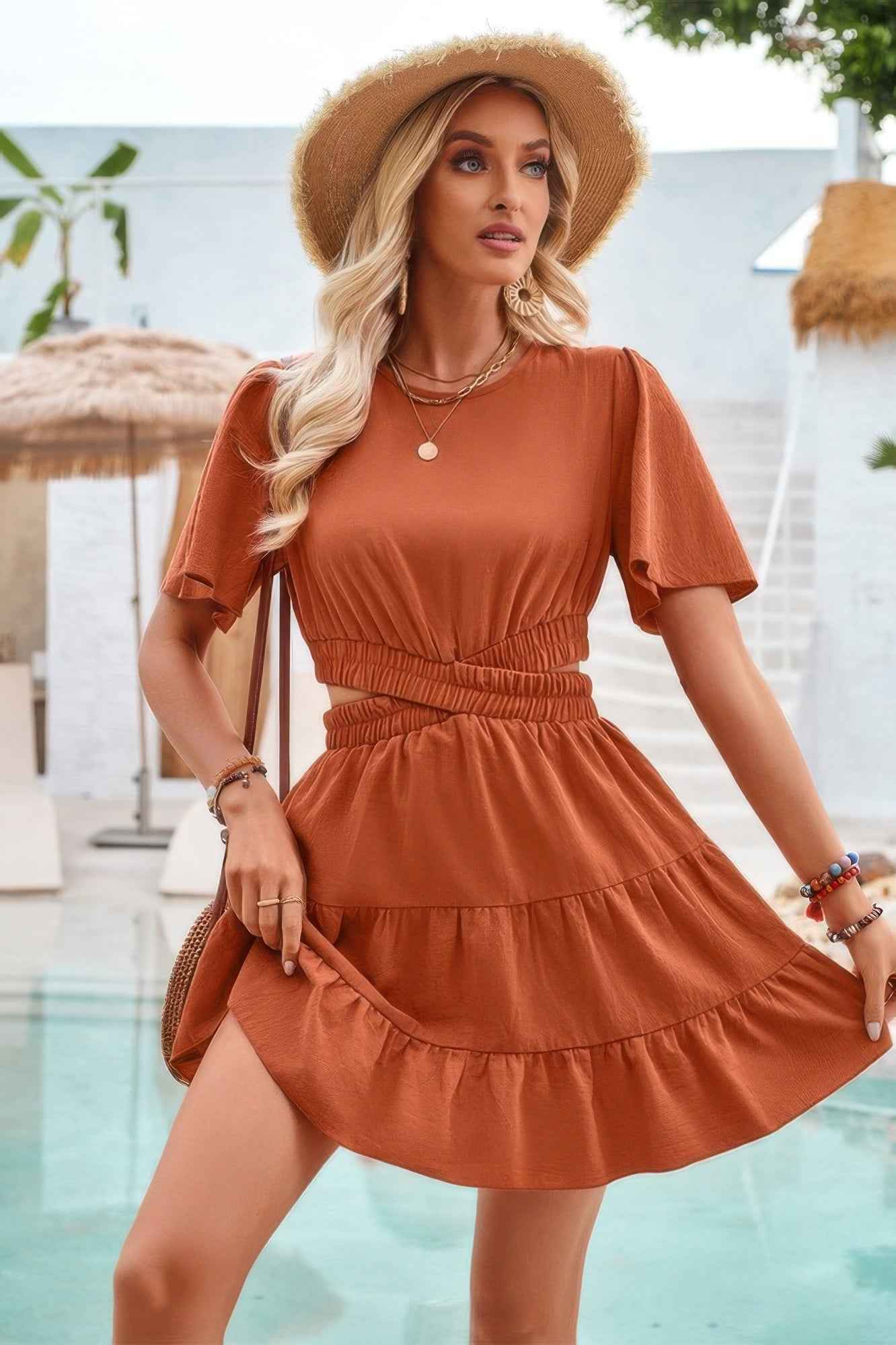Cross Cut Out Fit Elastic Waist Ruffle Dress