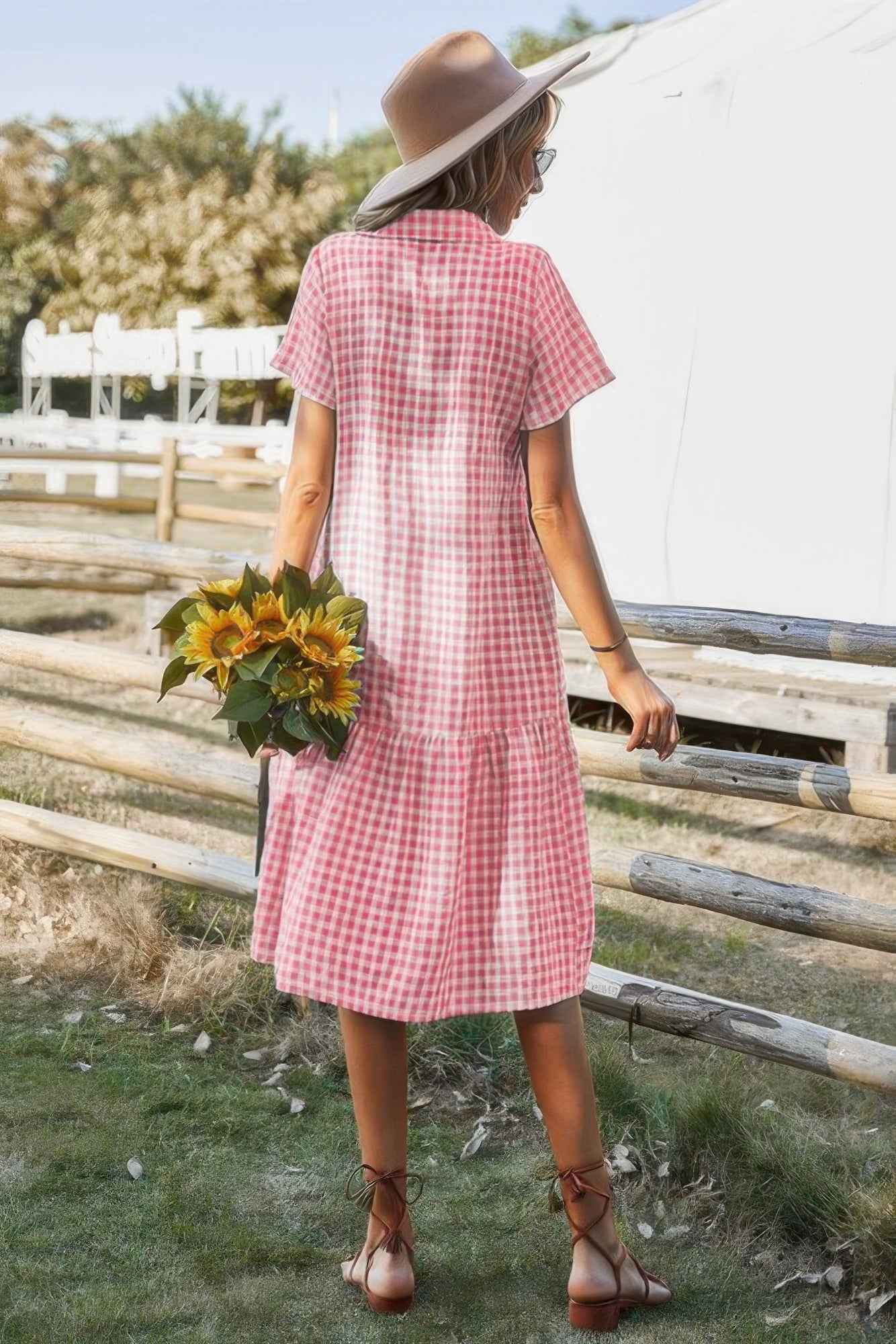 Short Sleeve Plaid Button Midi Dress