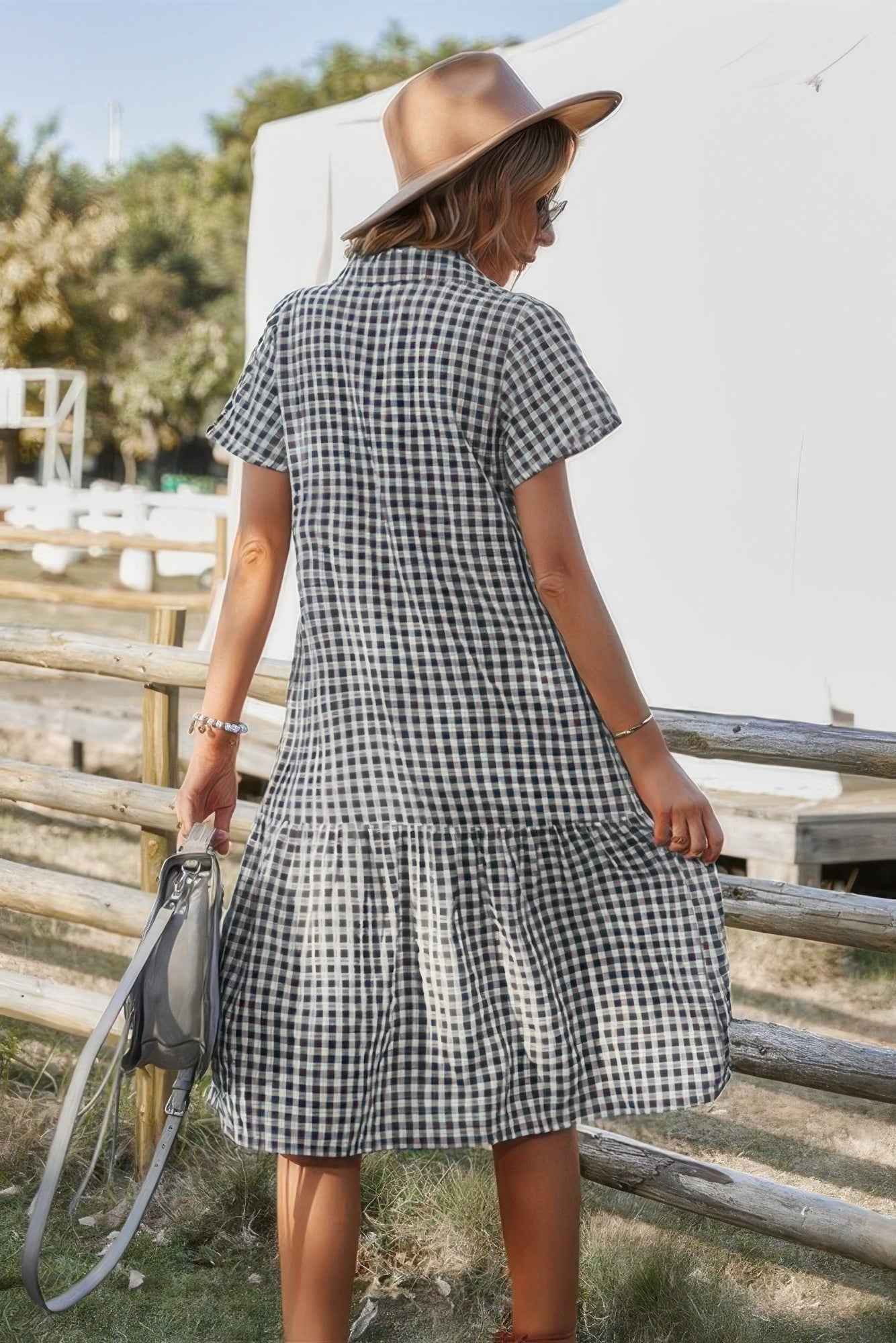 Short Sleeve Plaid Button Midi Dress