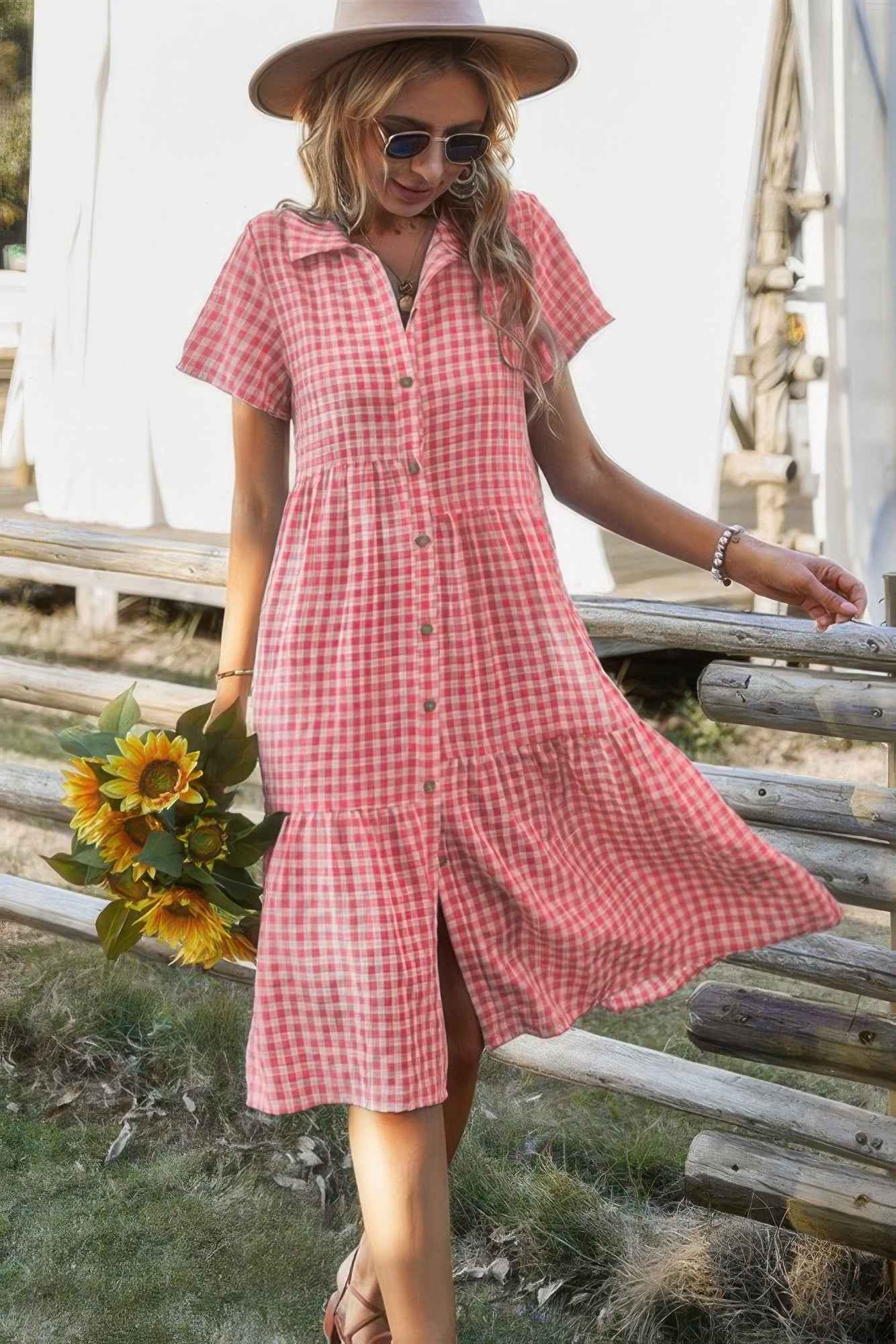 Short Sleeve Plaid Button Midi Dress