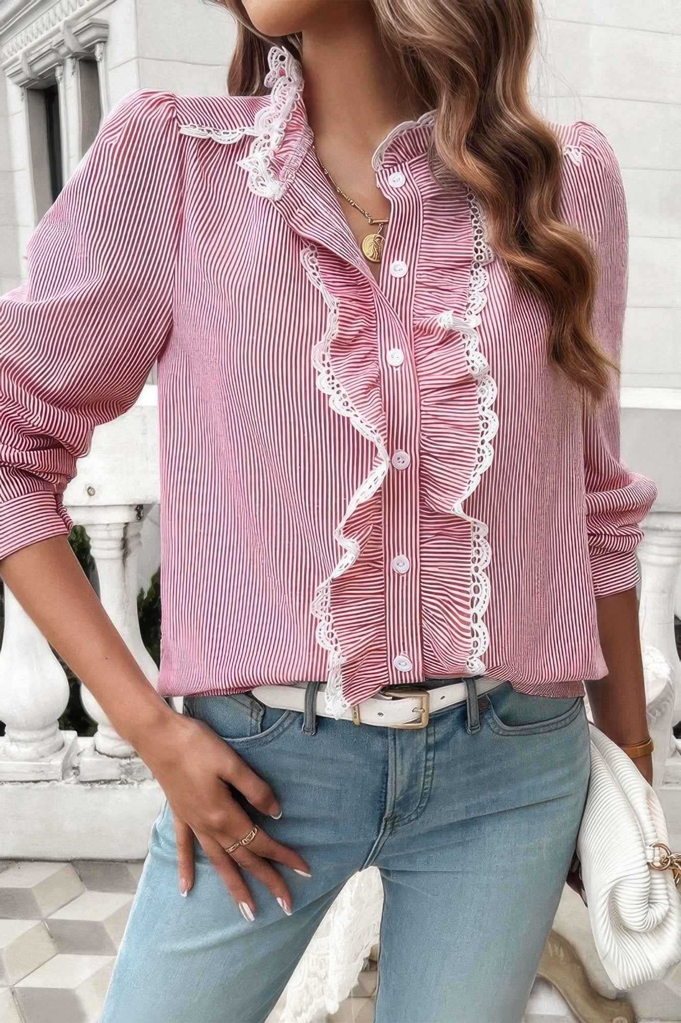 Strip Button Ruffle Lace Trim Puff Fit Blouse