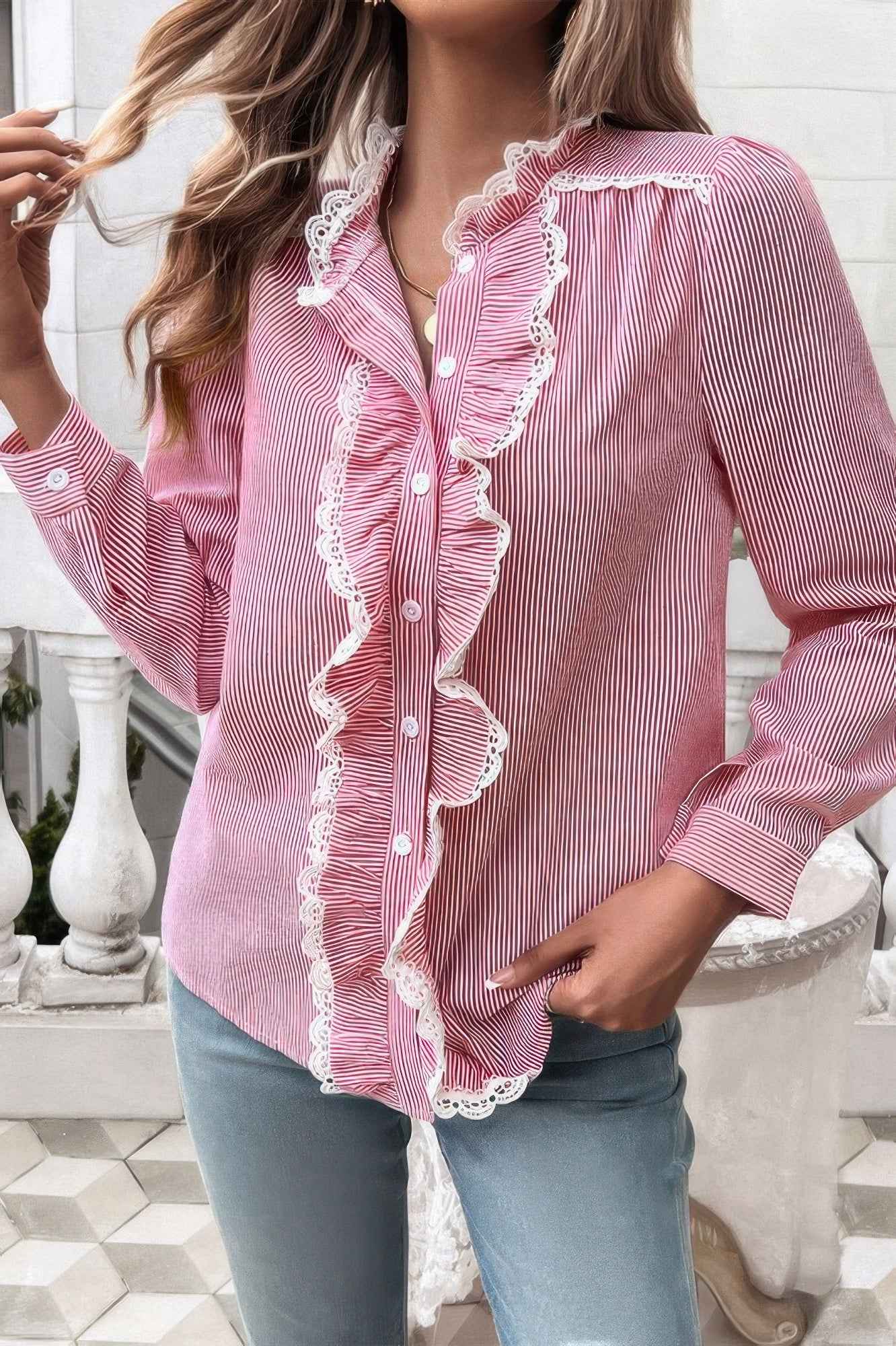Strip Button Ruffle Lace Trim Puff Fit Blouse