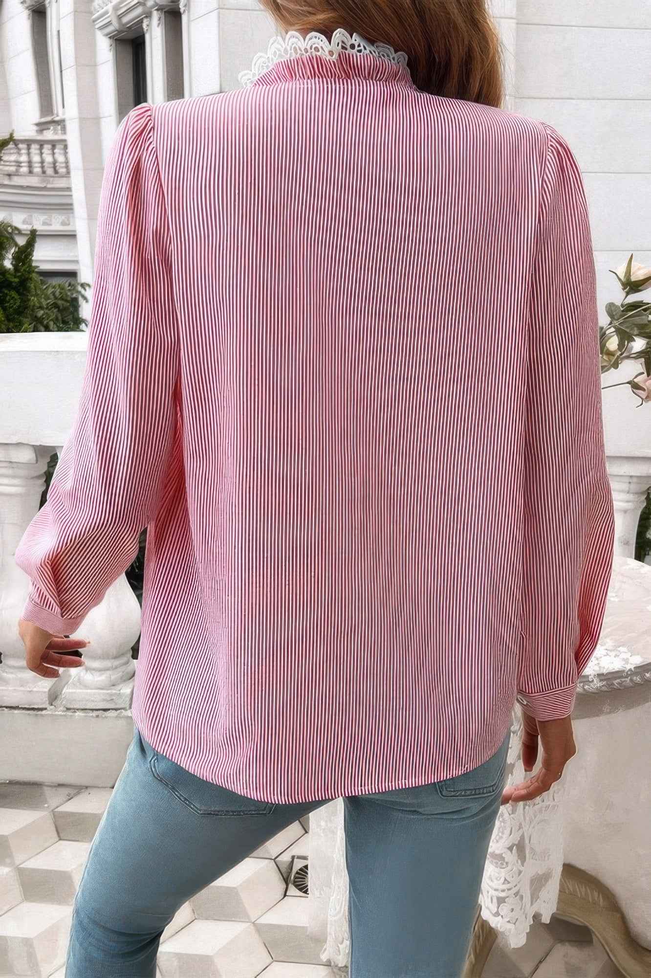 Strip Button Ruffle Lace Trim Puff Fit Blouse