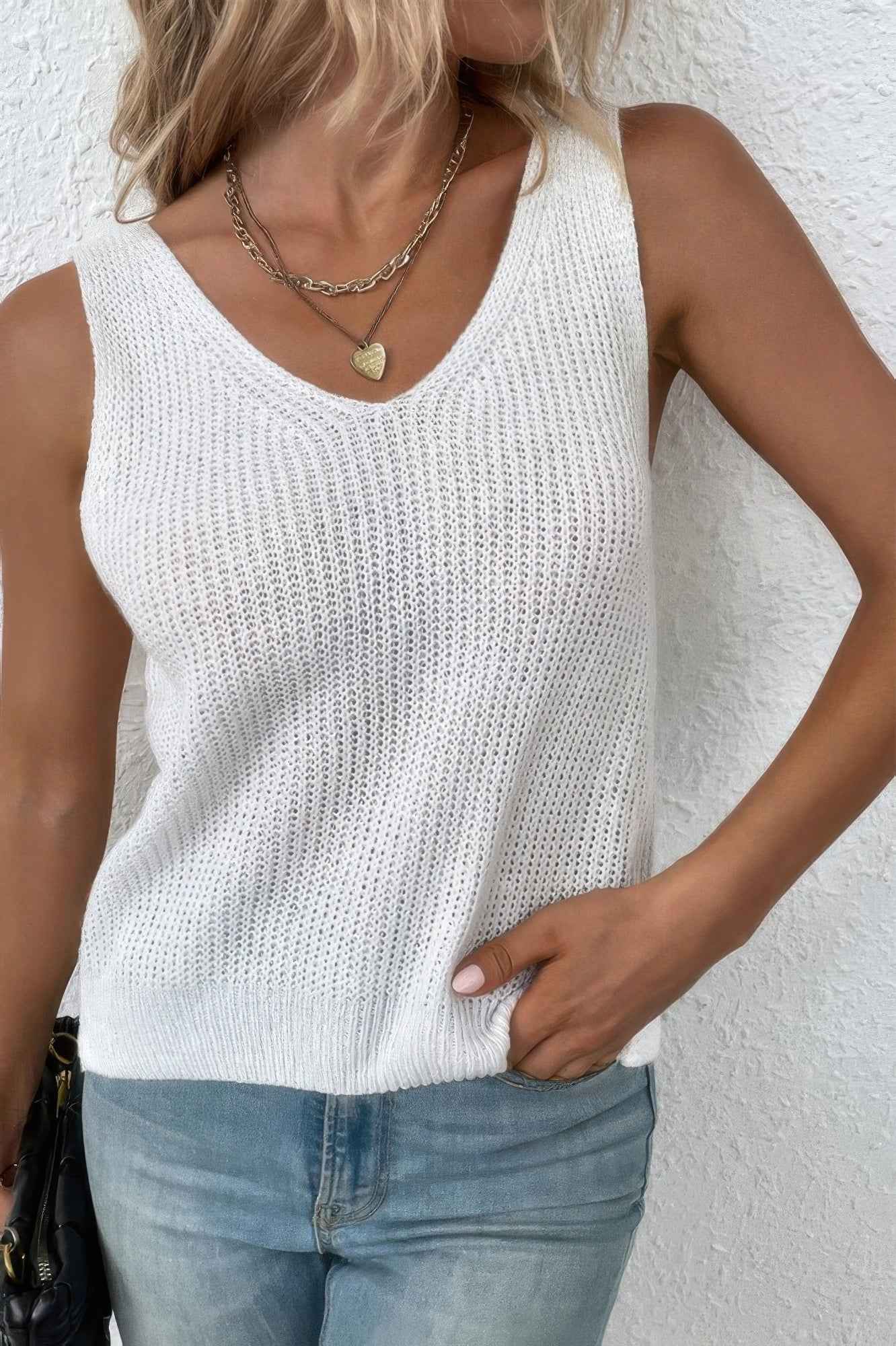 Solid Sleeveless Twist Back Knit Loose Vest