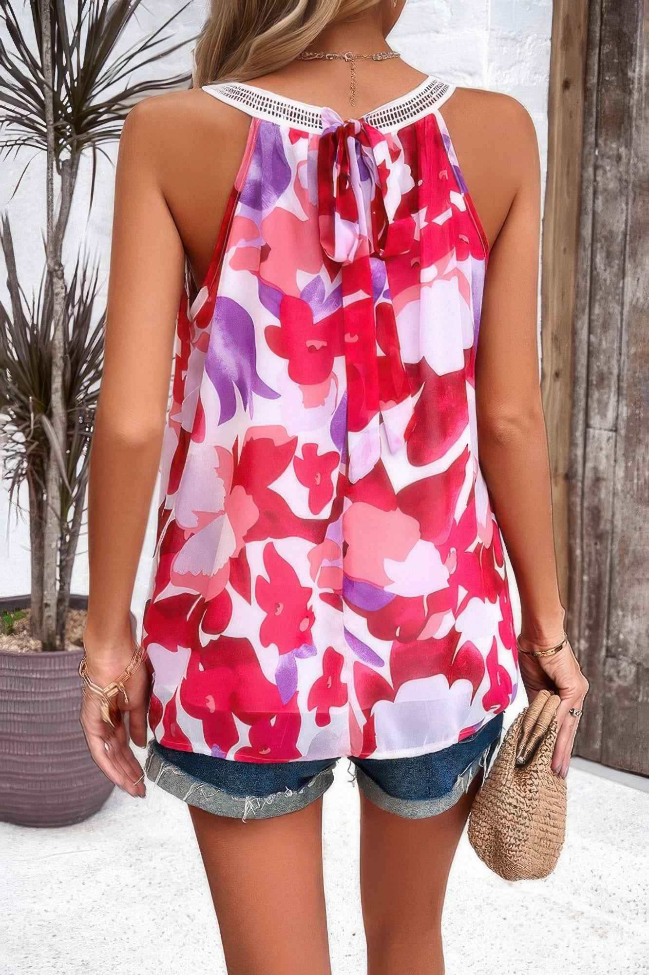 Floral Print Lace Trim Sleeveless Loose Pleated Top