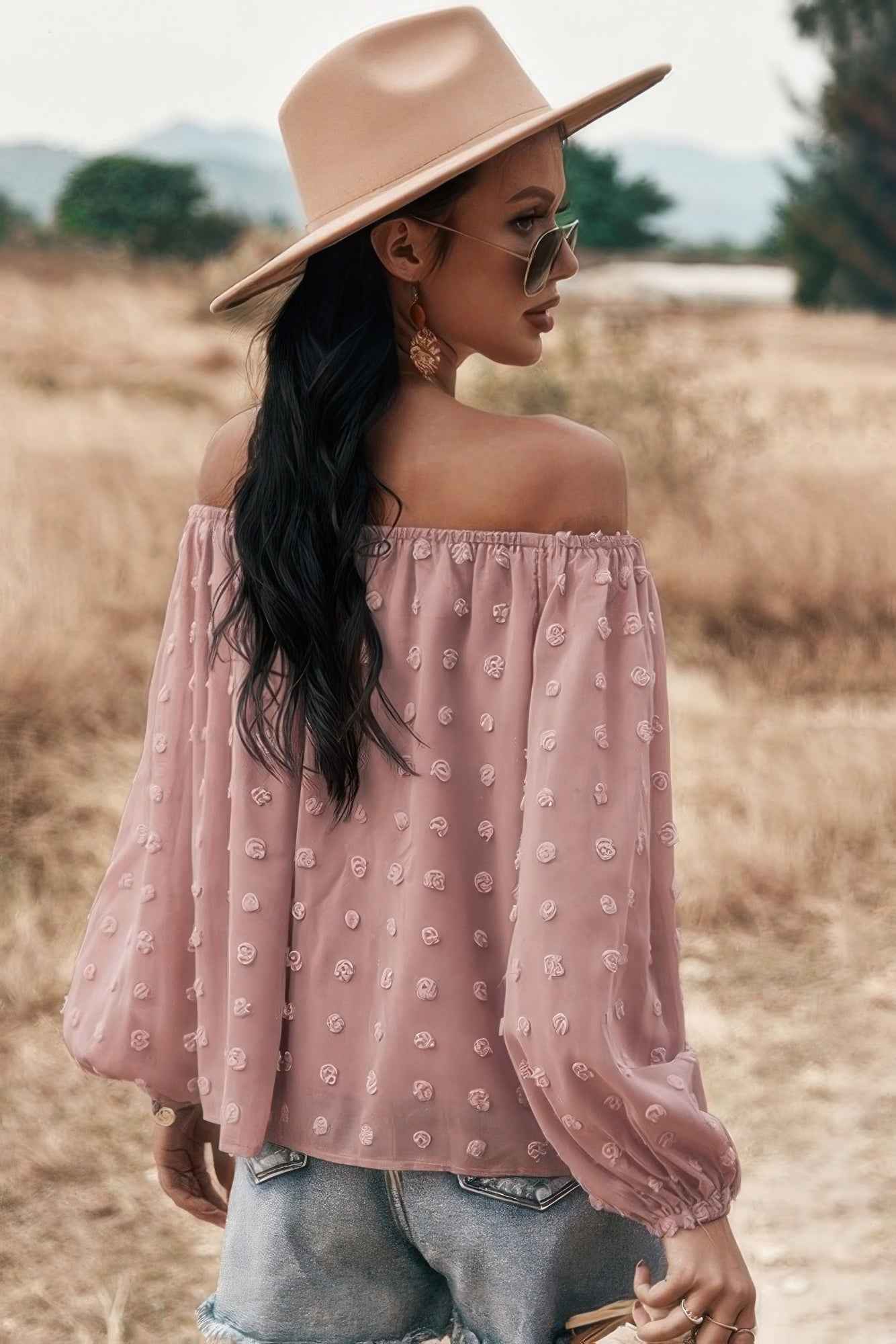 Off Shoulder Swiss Dot Long Sleeve Loose Top