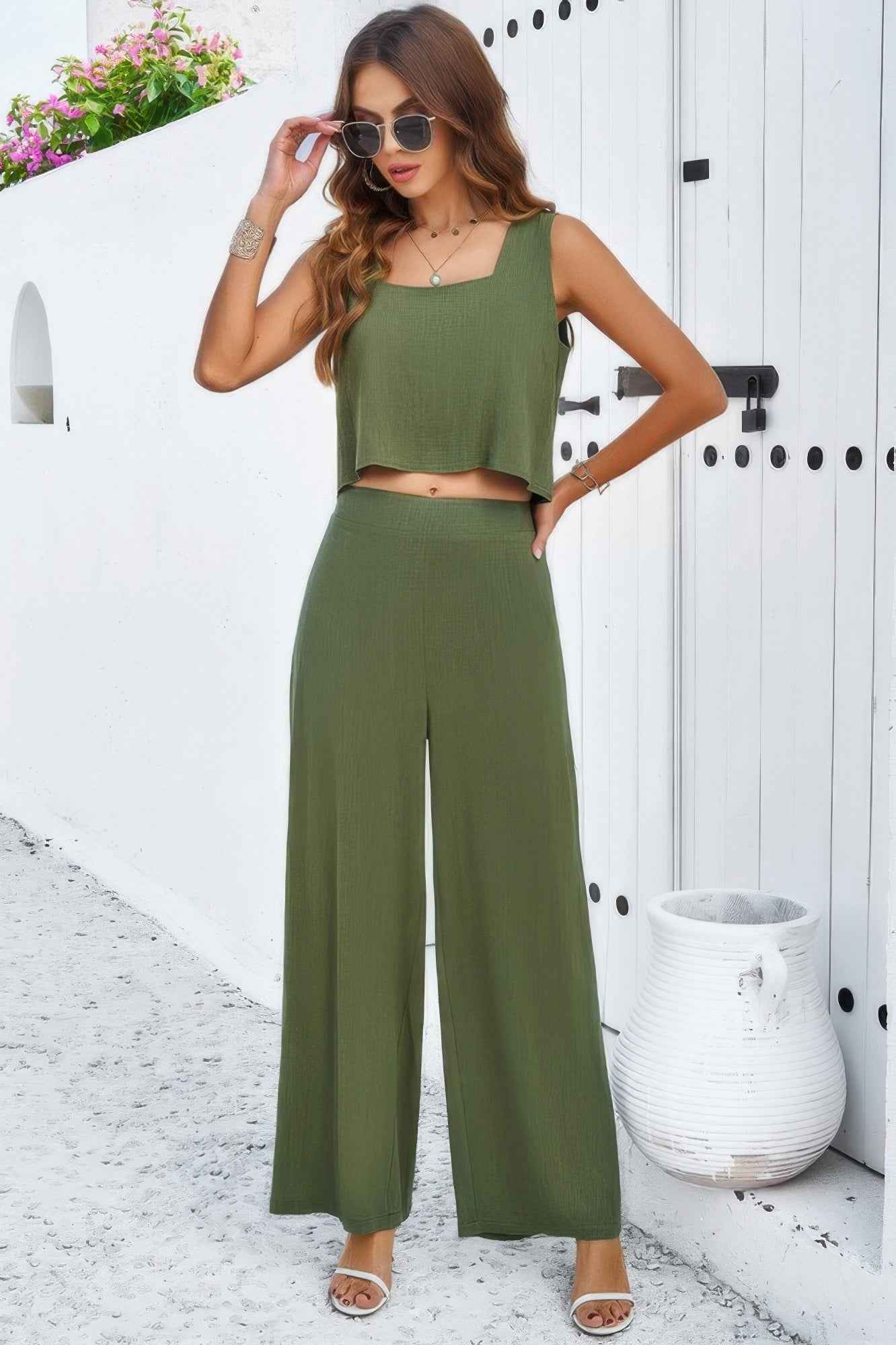 Two Pieces Square Neck Sleeveless Solid Sets