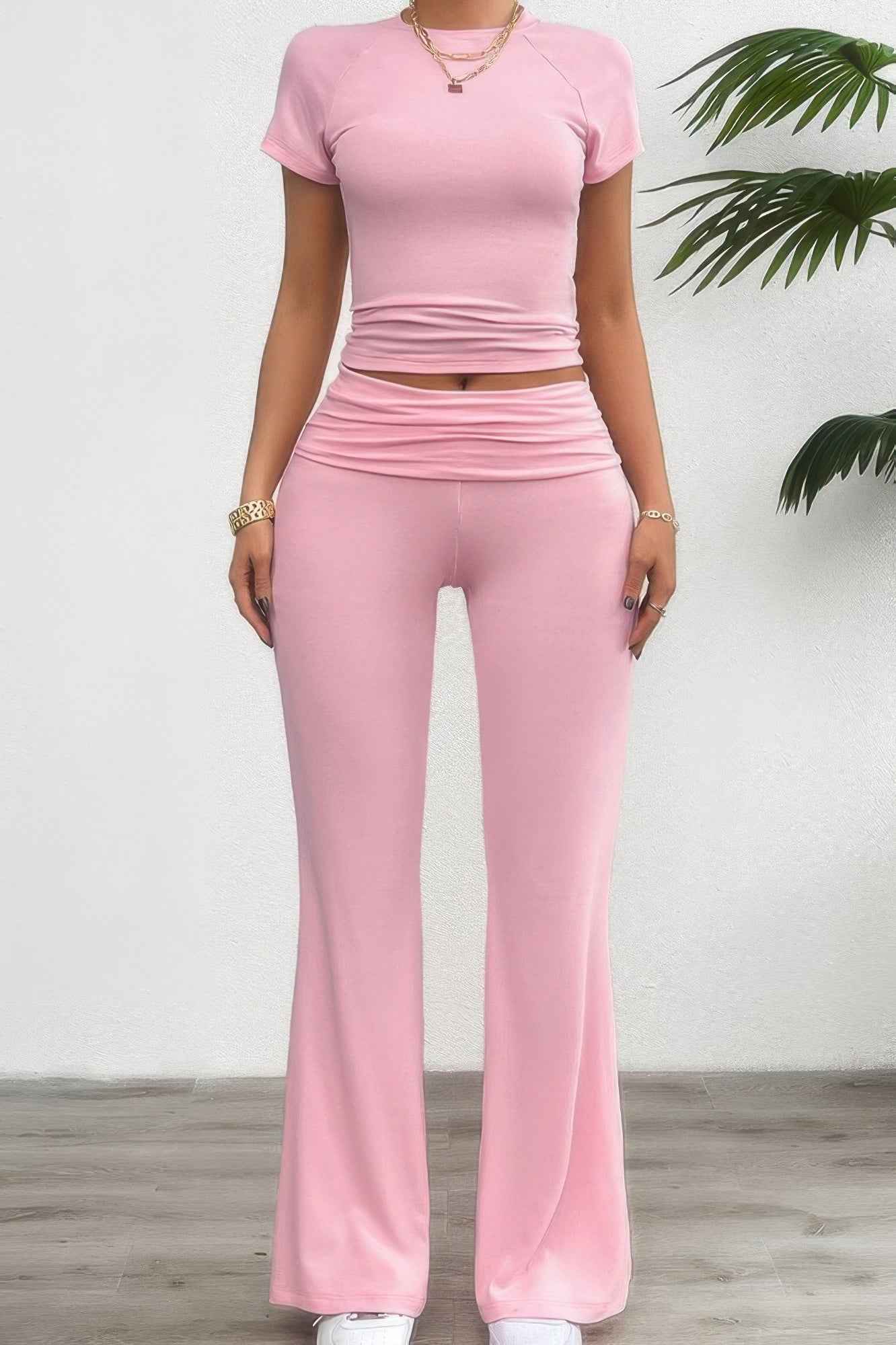 Two Pieces Round Neck Fit Elastic Straight Sets