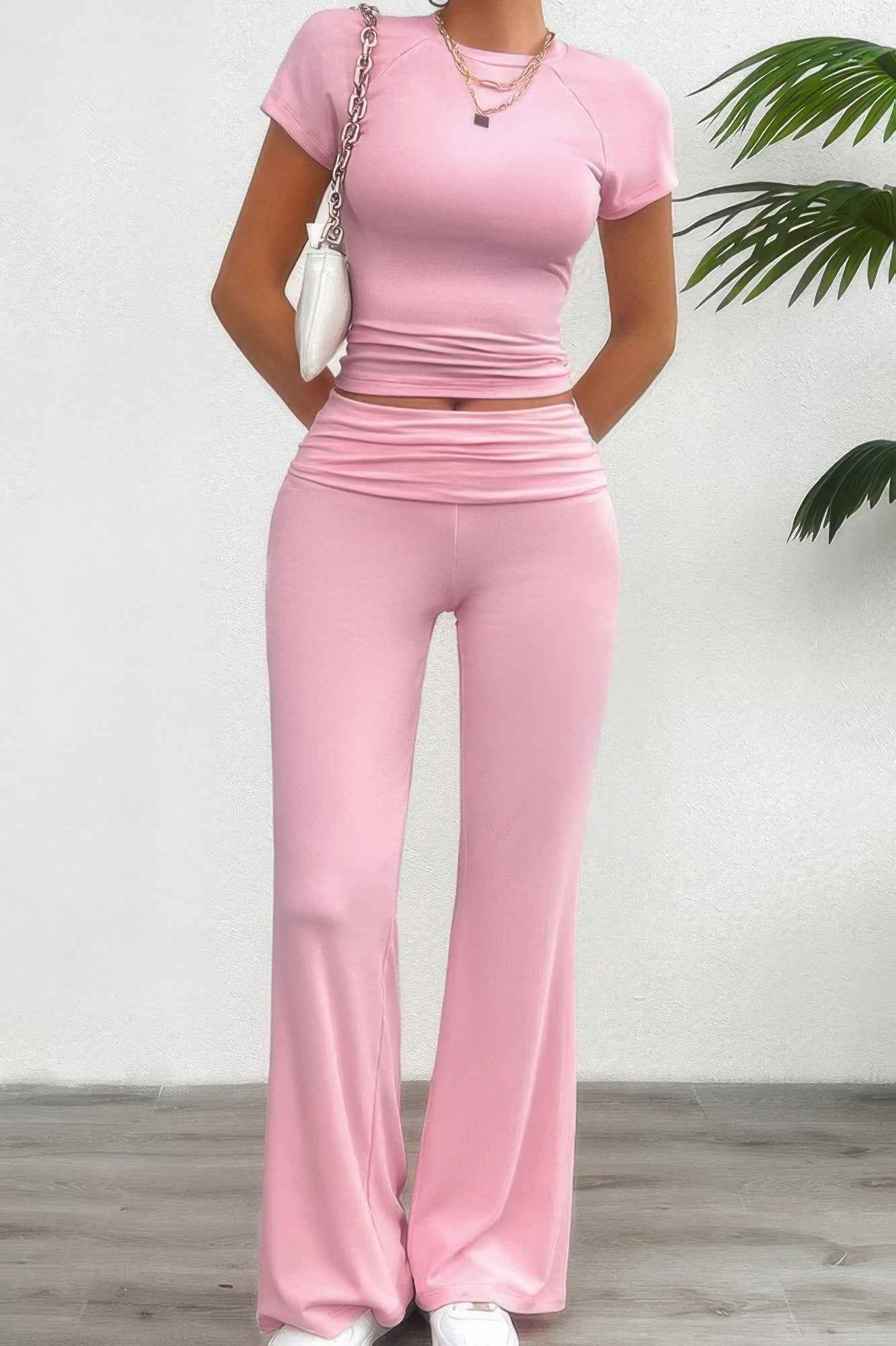 Two Pieces Round Neck Fit Elastic Straight Sets