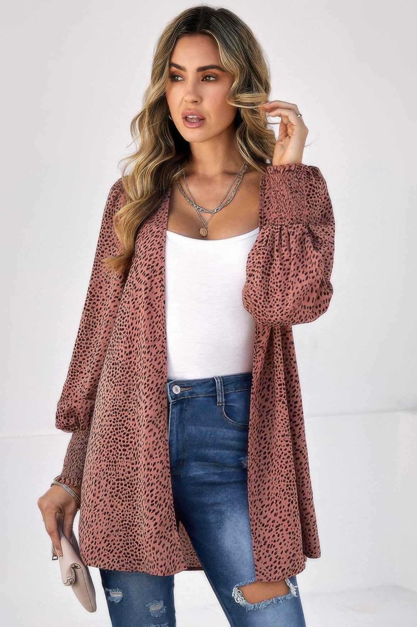 Front Open Leopard Print Loose Fit Top