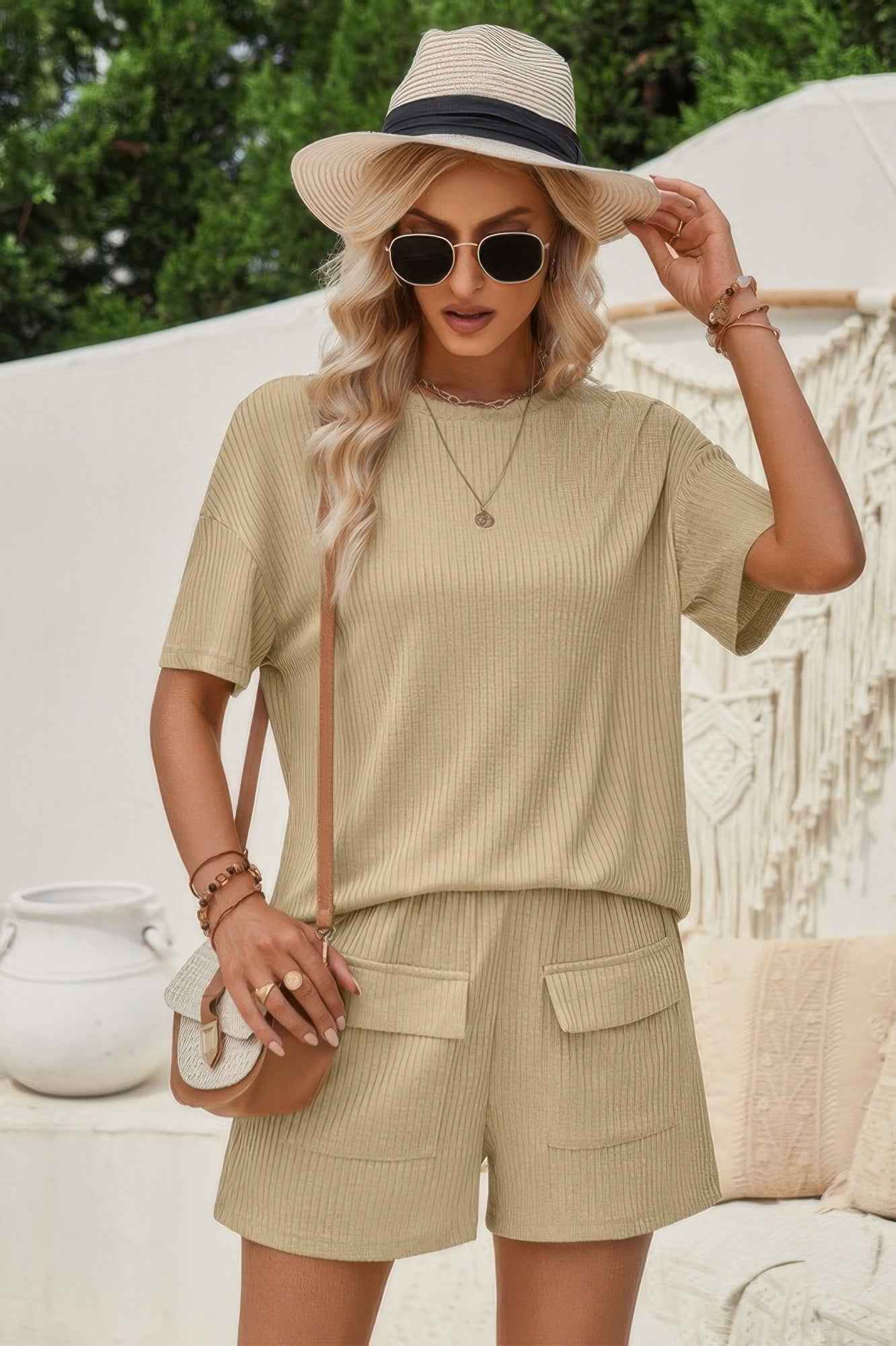 Two Pieces Pocket Trim Solid Loose Fit Sets