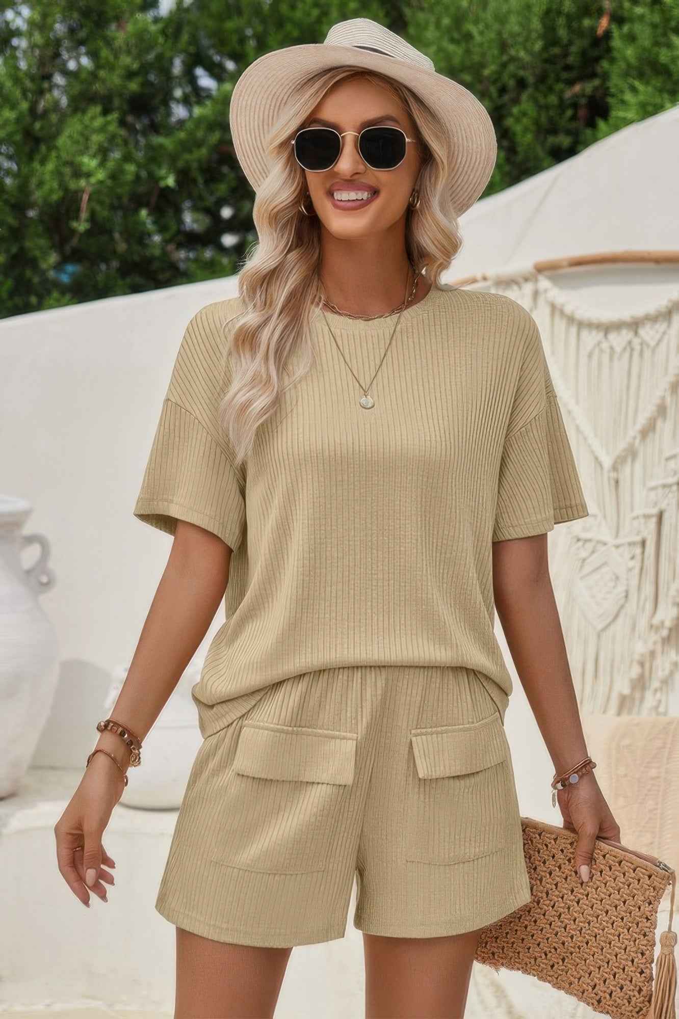 Two Pieces Pocket Trim Solid Loose Fit Sets