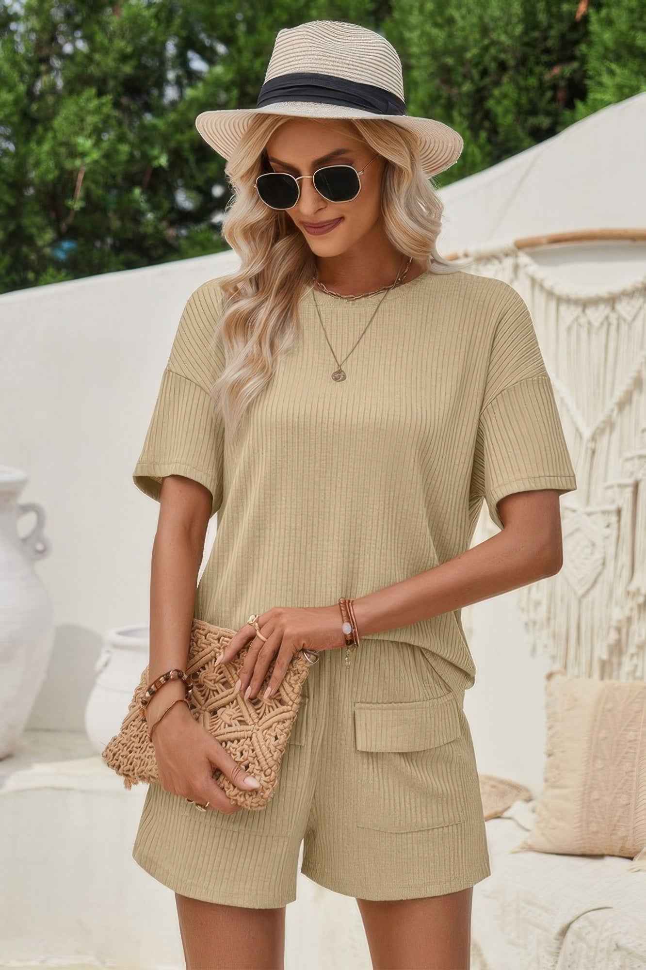 Two Pieces Pocket Trim Solid Loose Fit Sets