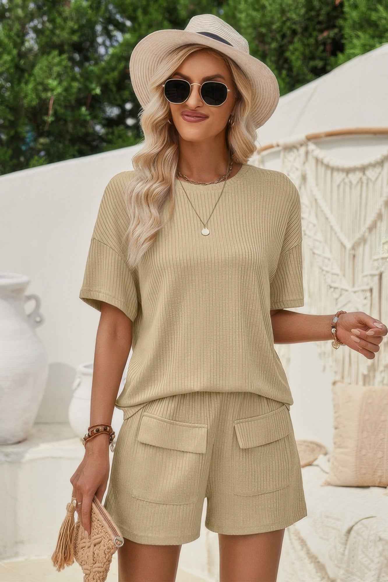 Two Pieces Pocket Trim Solid Loose Fit Sets