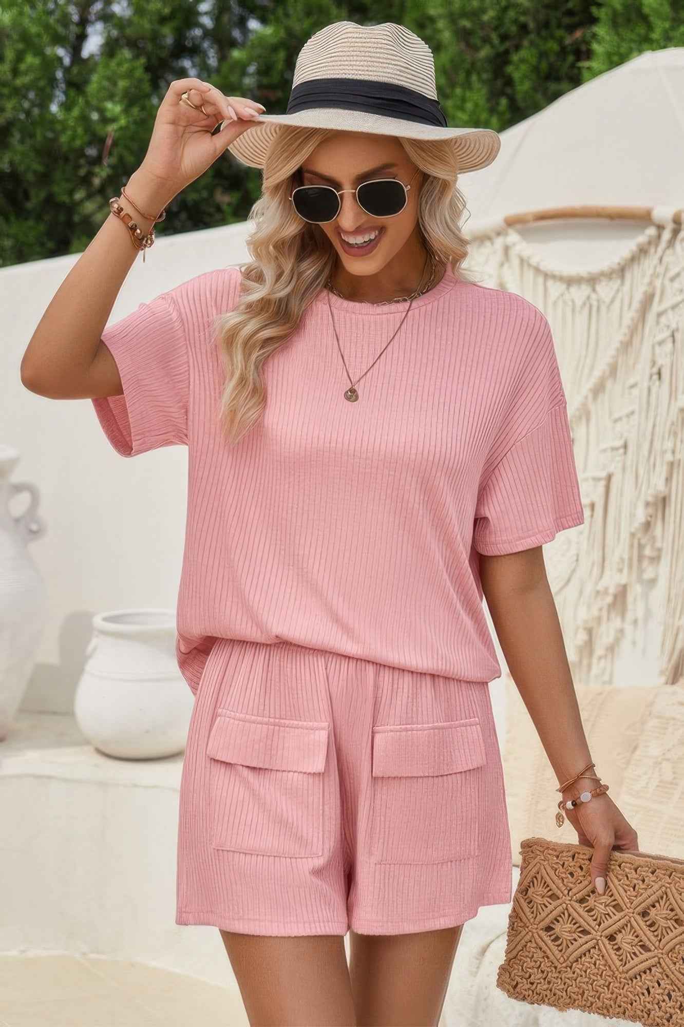 Two Pieces Pocket Trim Solid Loose Fit Sets