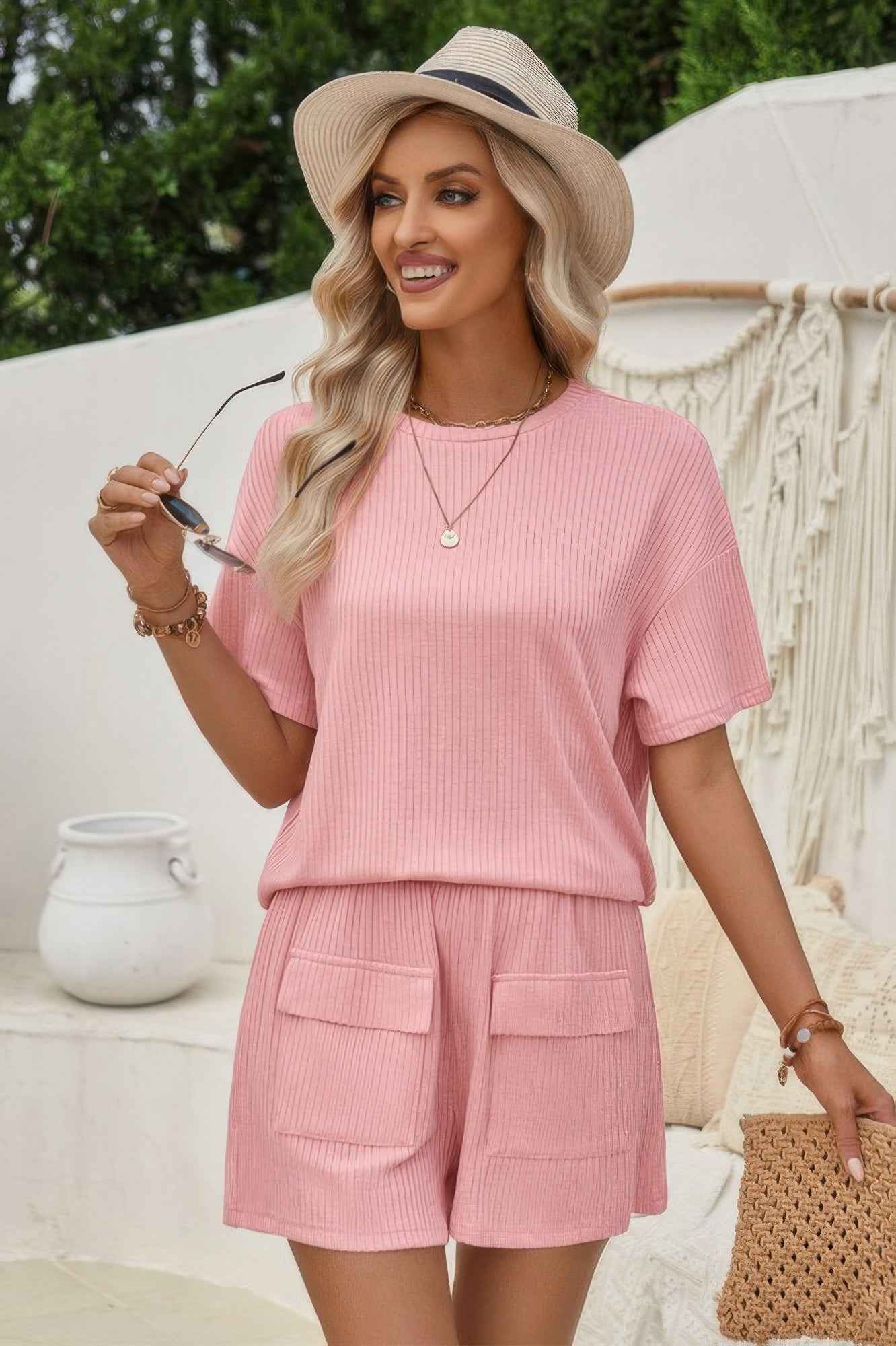 Two Pieces Pocket Trim Solid Loose Fit Sets