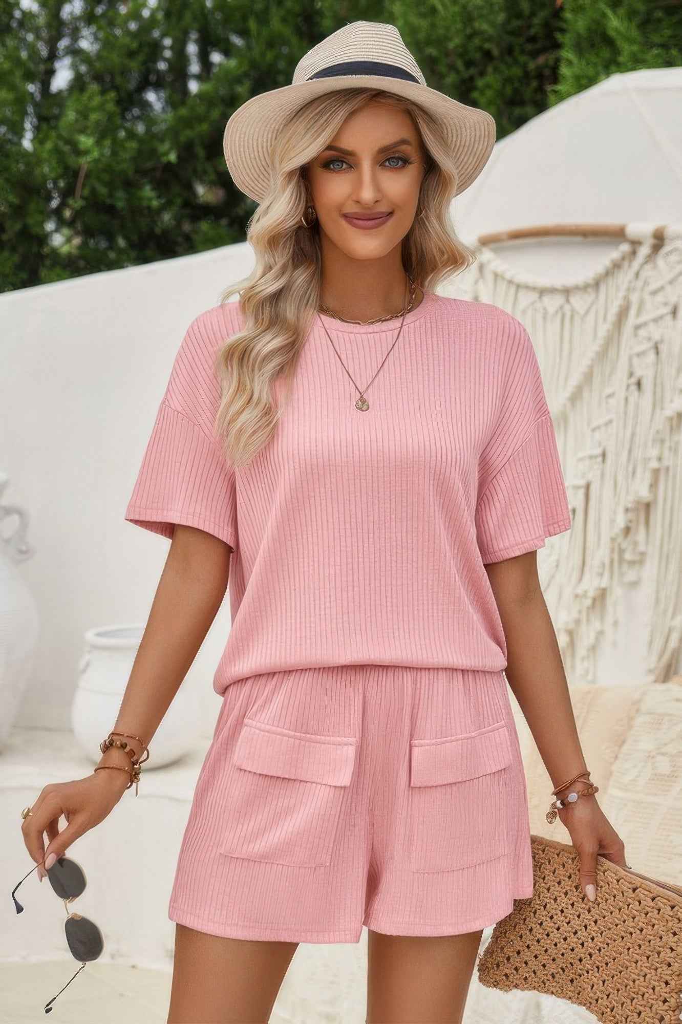 Two Pieces Pocket Trim Solid Loose Fit Sets