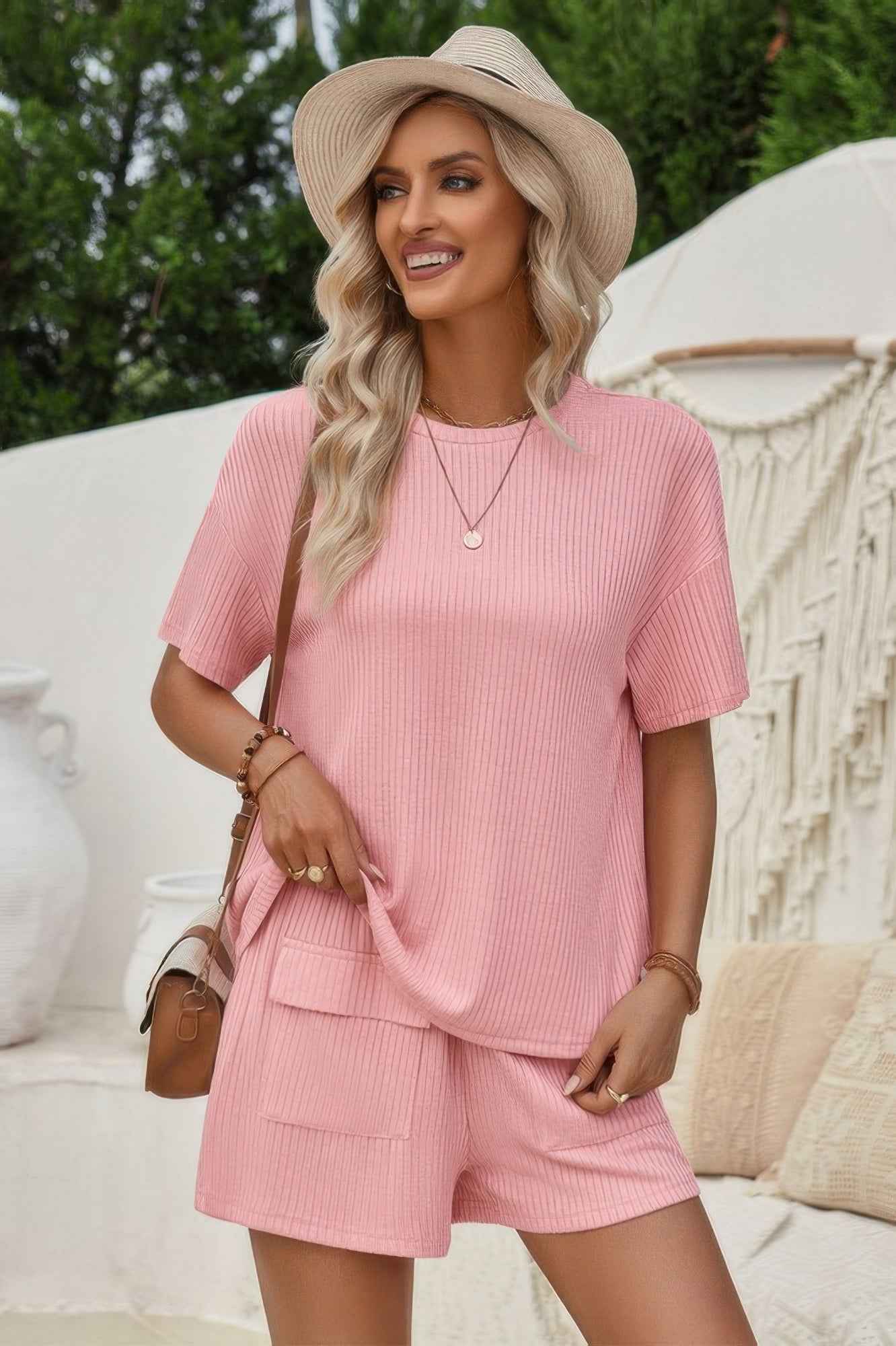 Two Pieces Pocket Trim Solid Loose Fit Sets