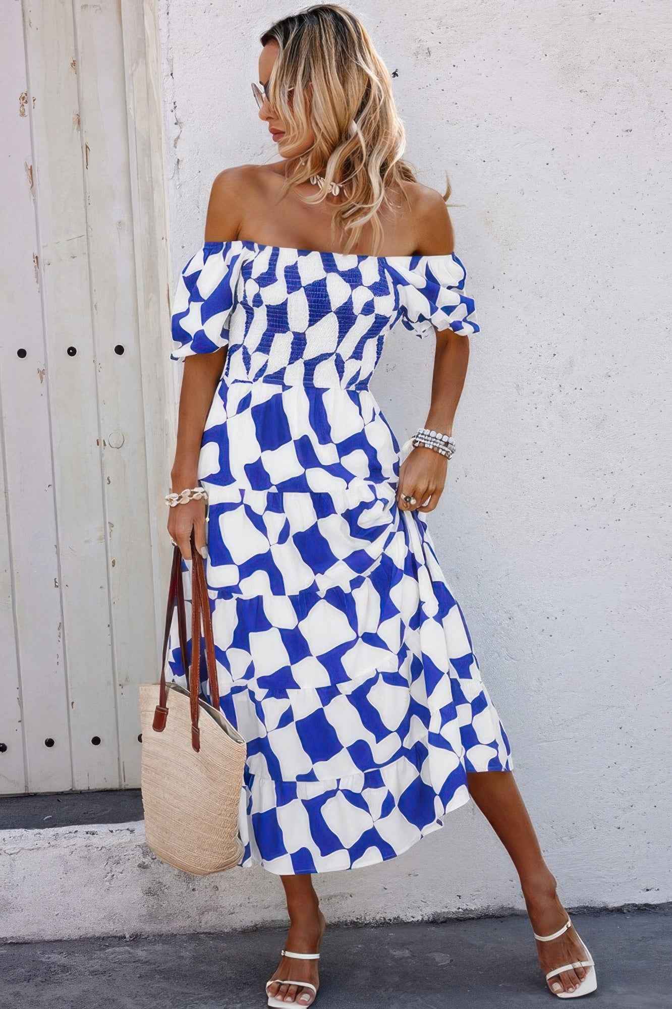Allover Print Off Shoulder Ruched Ruffle Dress
