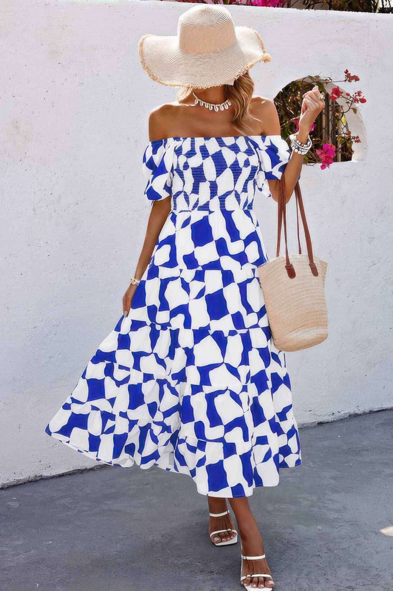 Allover Print Off Shoulder Ruched Ruffle Dress