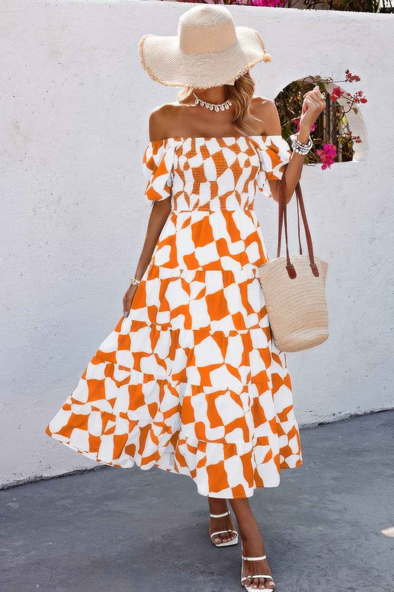 Allover Print Off Shoulder Ruched Ruffle Dress