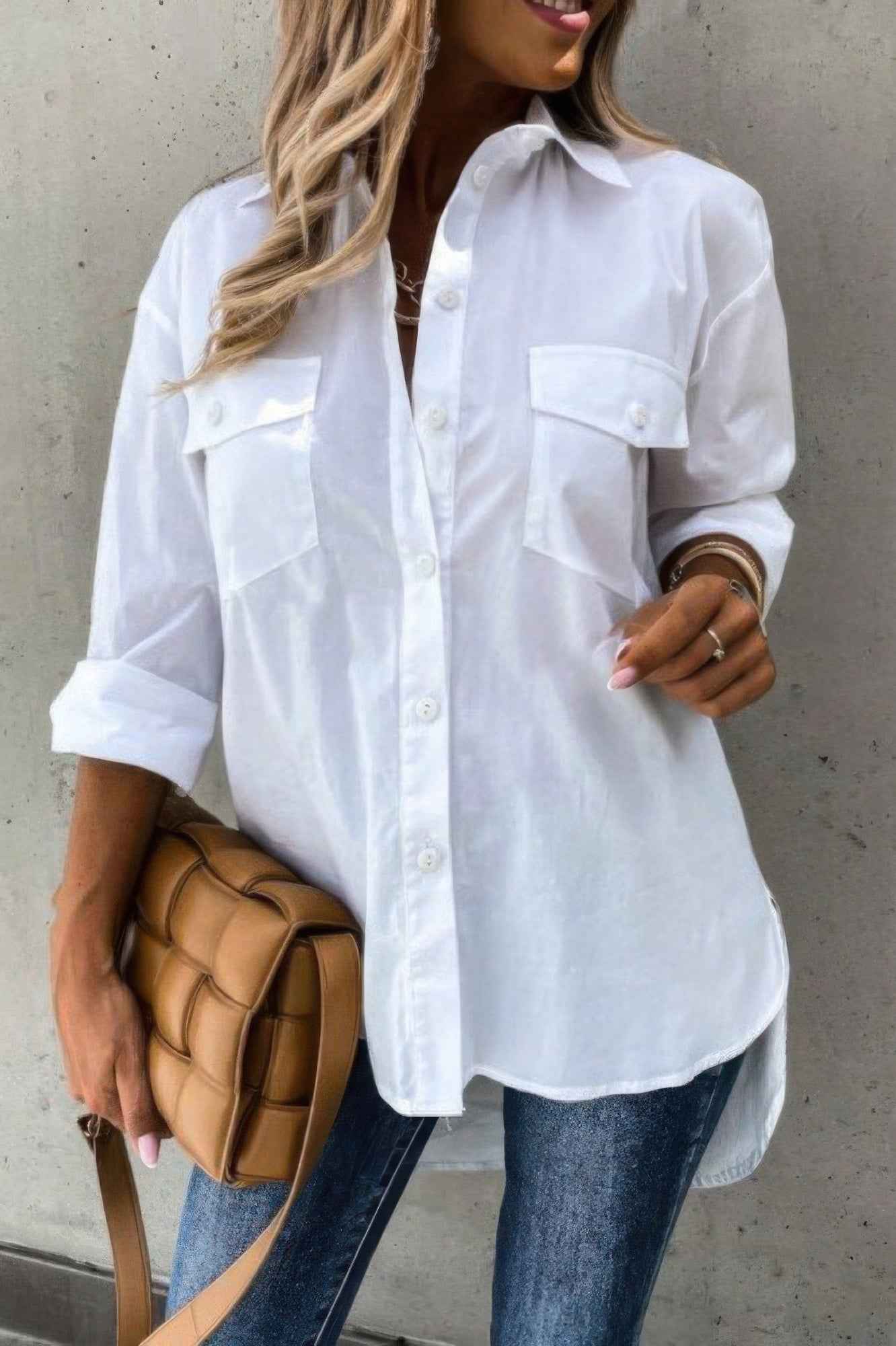 Solid Button Up Pockets Long Sleeves Blouse