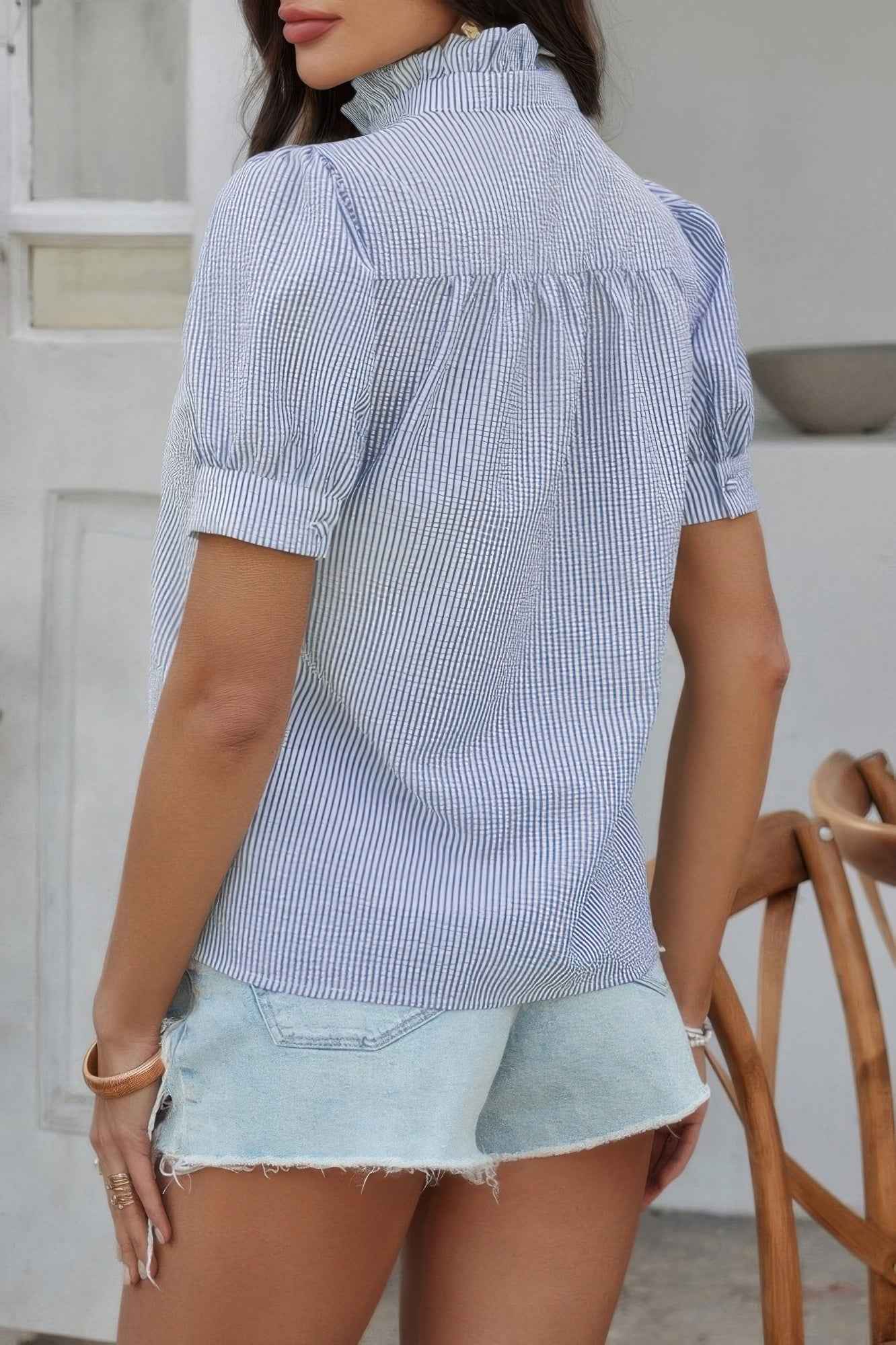 Stripe Button Down Ruffled Front Trim Shirt