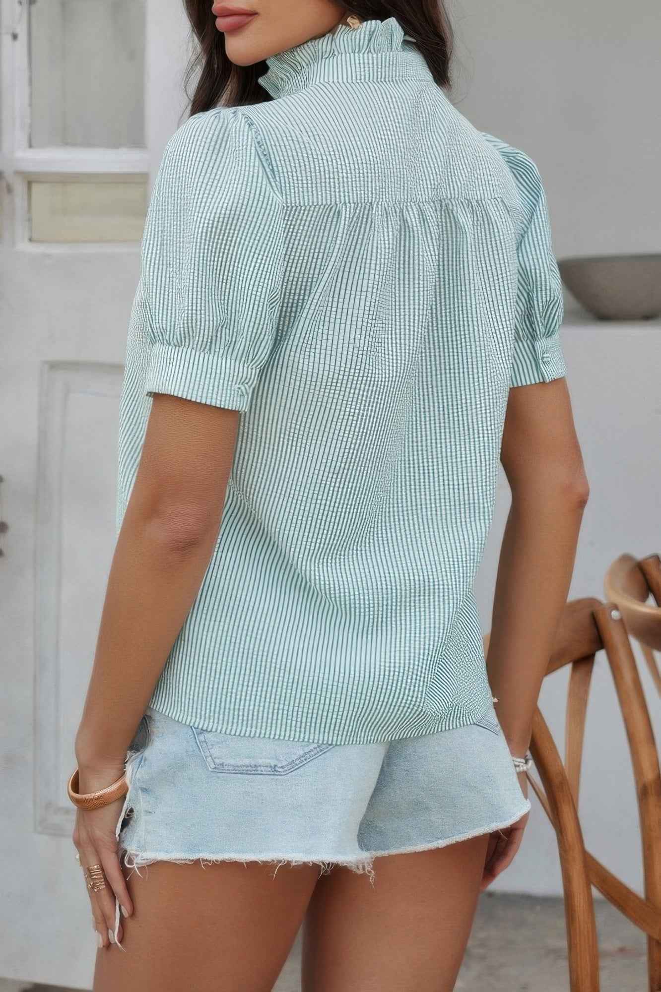 Stripe Button Down Ruffled Front Trim Shirt