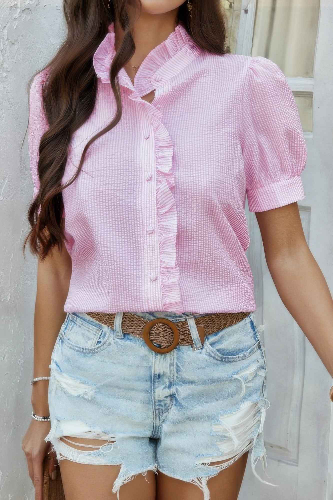 Stripe Button Down Ruffled Front Trim Shirt