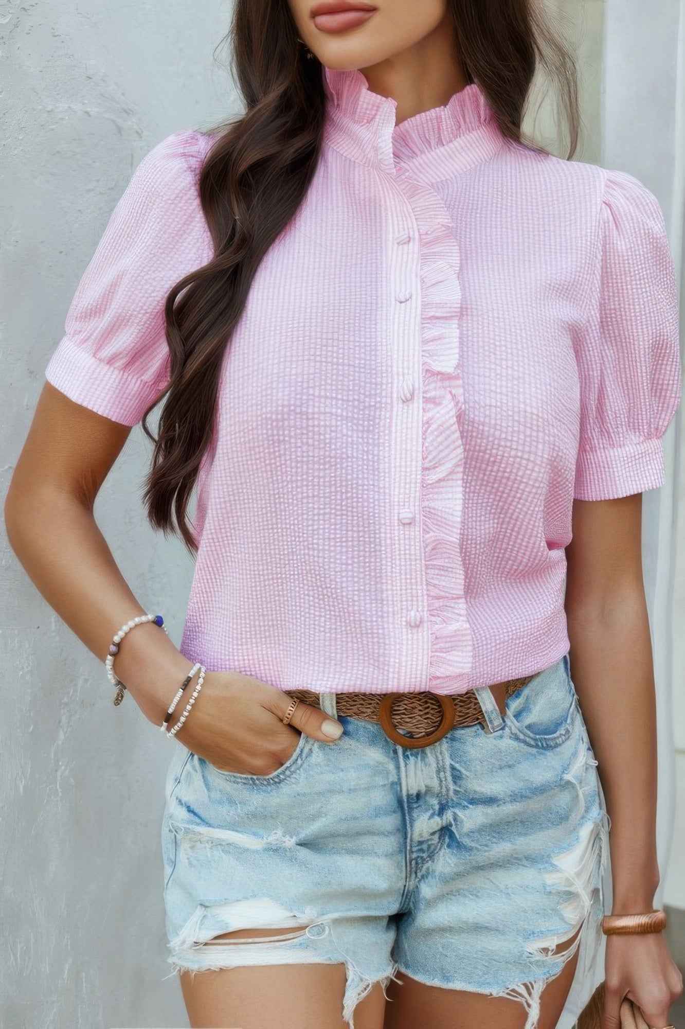 Stripe Button Down Ruffled Front Trim Shirt