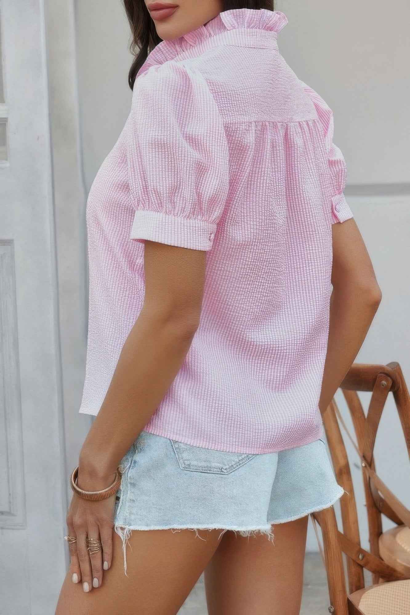 Stripe Button Down Ruffled Front Trim Shirt
