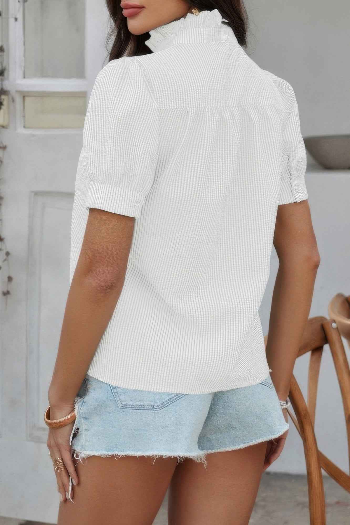 Stripe Button Down Ruffled Front Trim Shirt