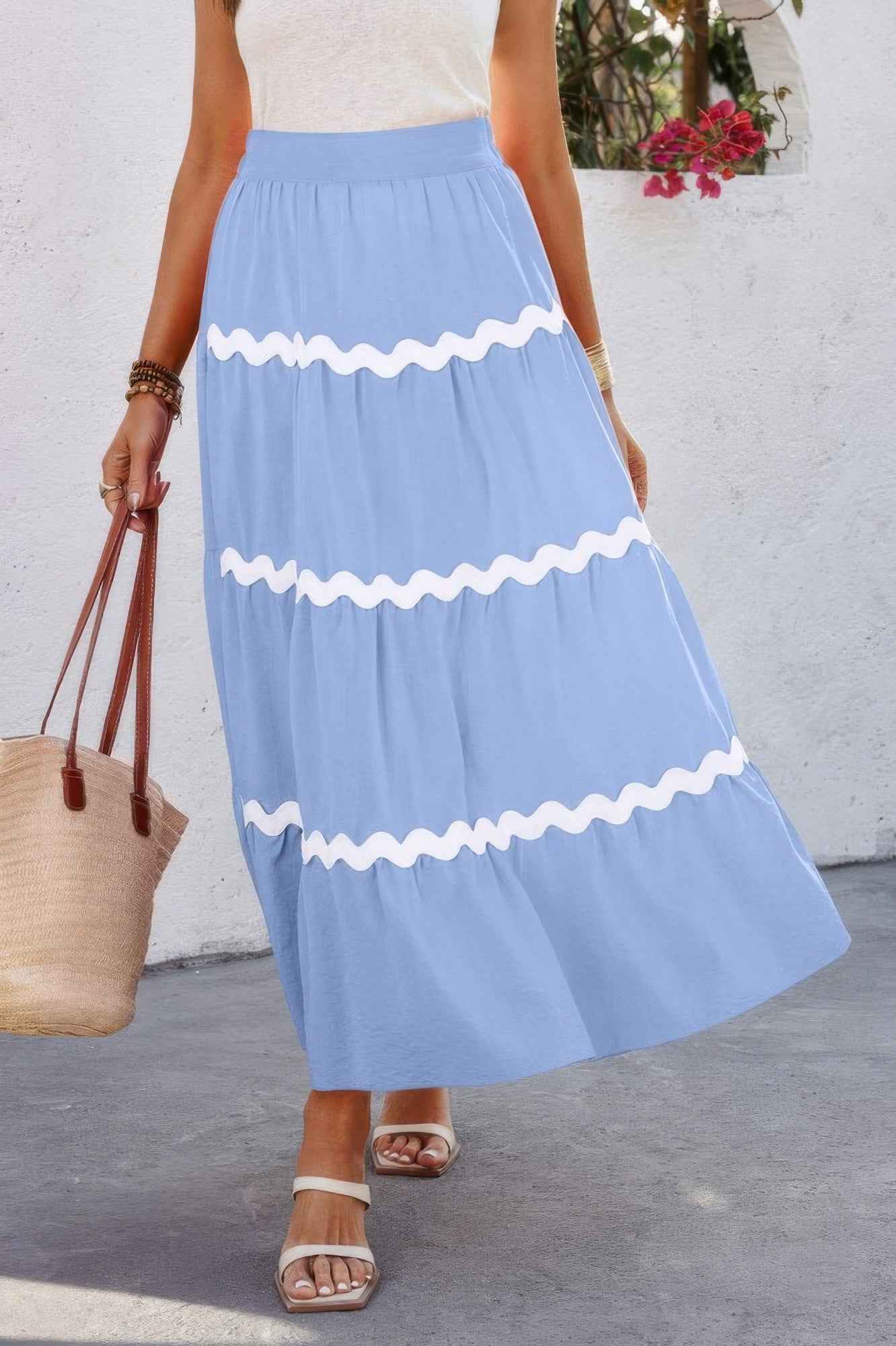 Waves Print Pleated Elastic Waist Band Skirt