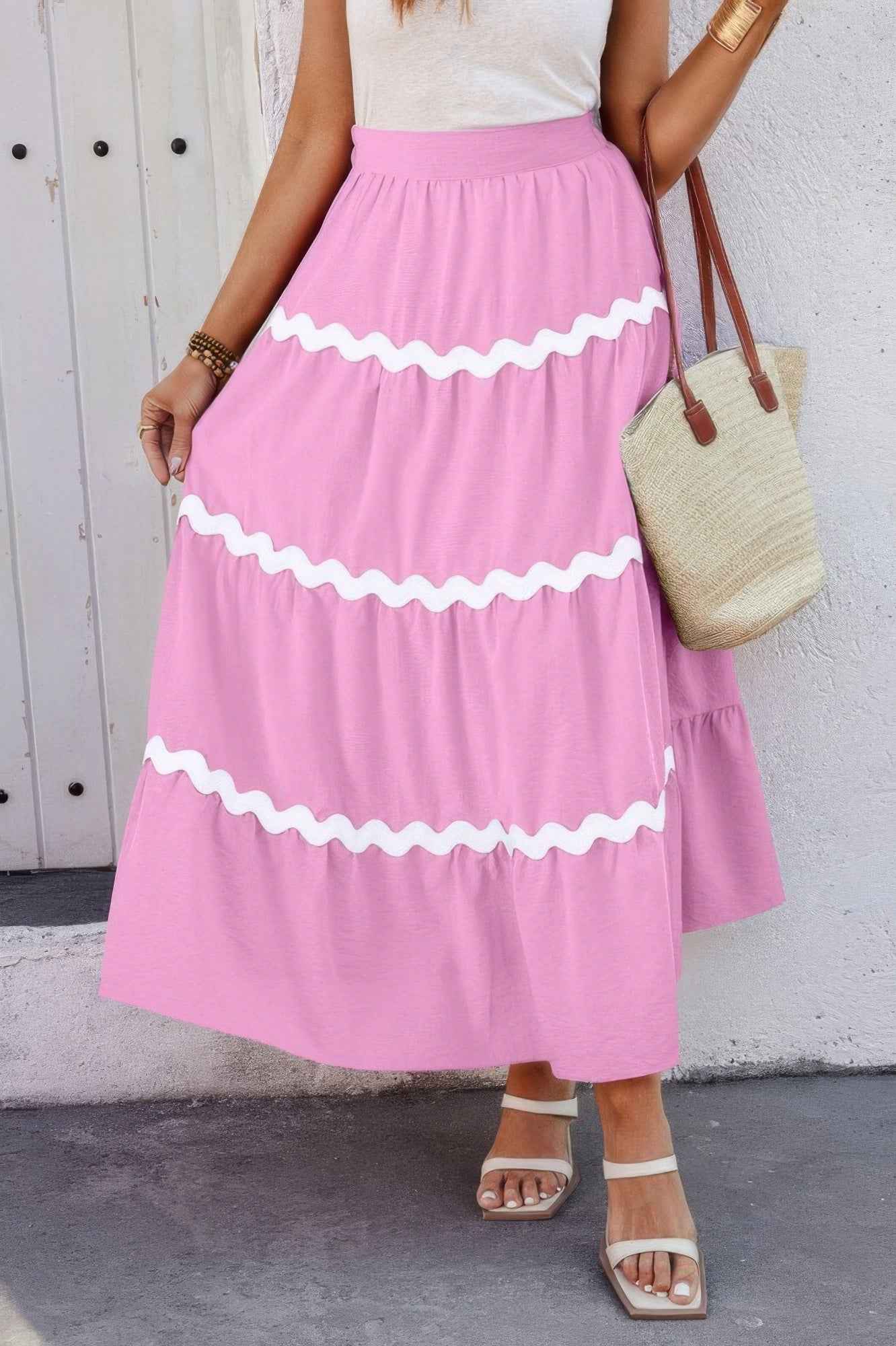 Waves Print Pleated Elastic Waist Band Skirt