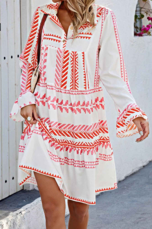 Geometric Printed Bell Ruffle Sleeve Button Dress