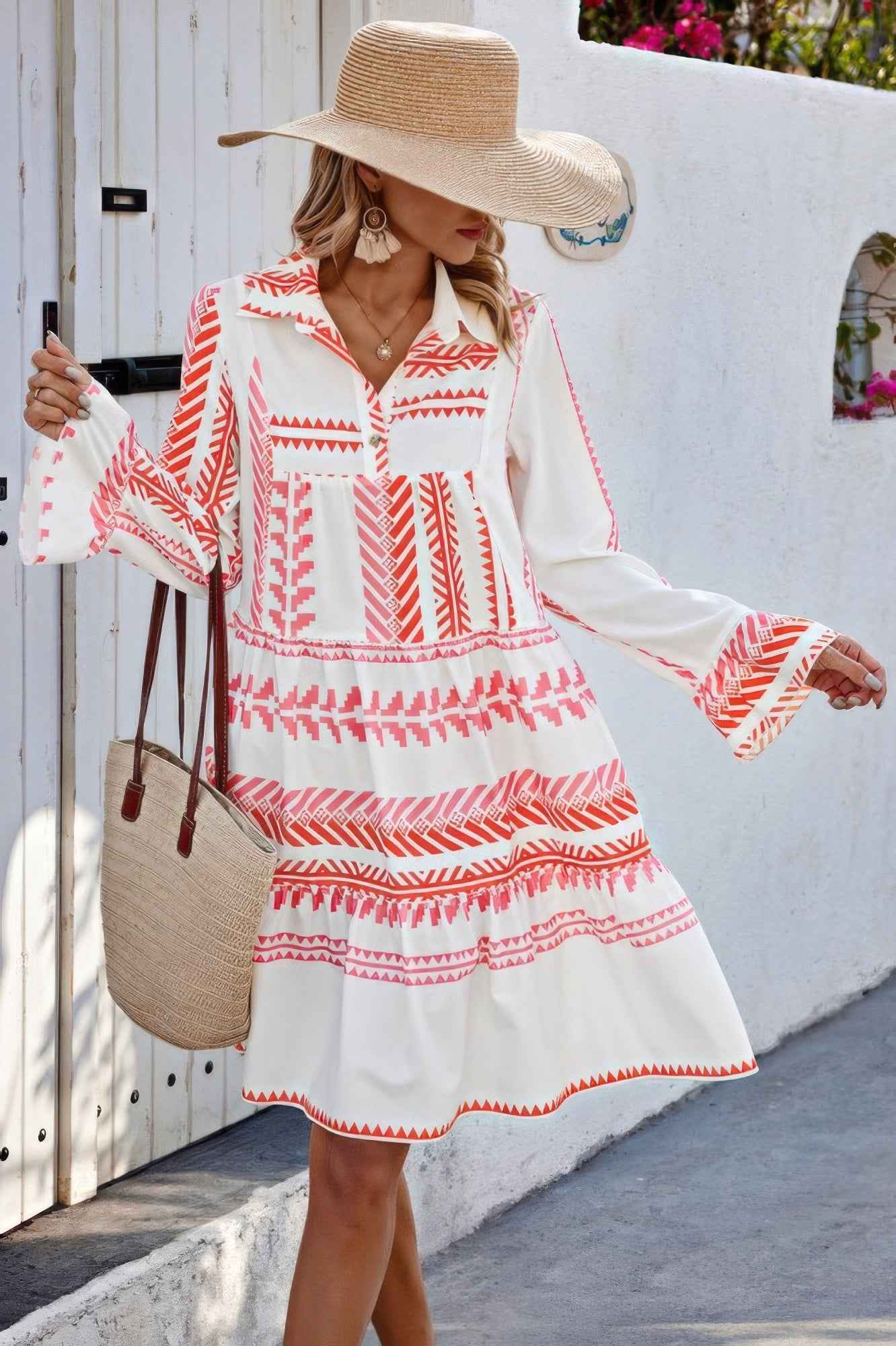 Geometric Printed Bell Ruffle Sleeve Button Dress