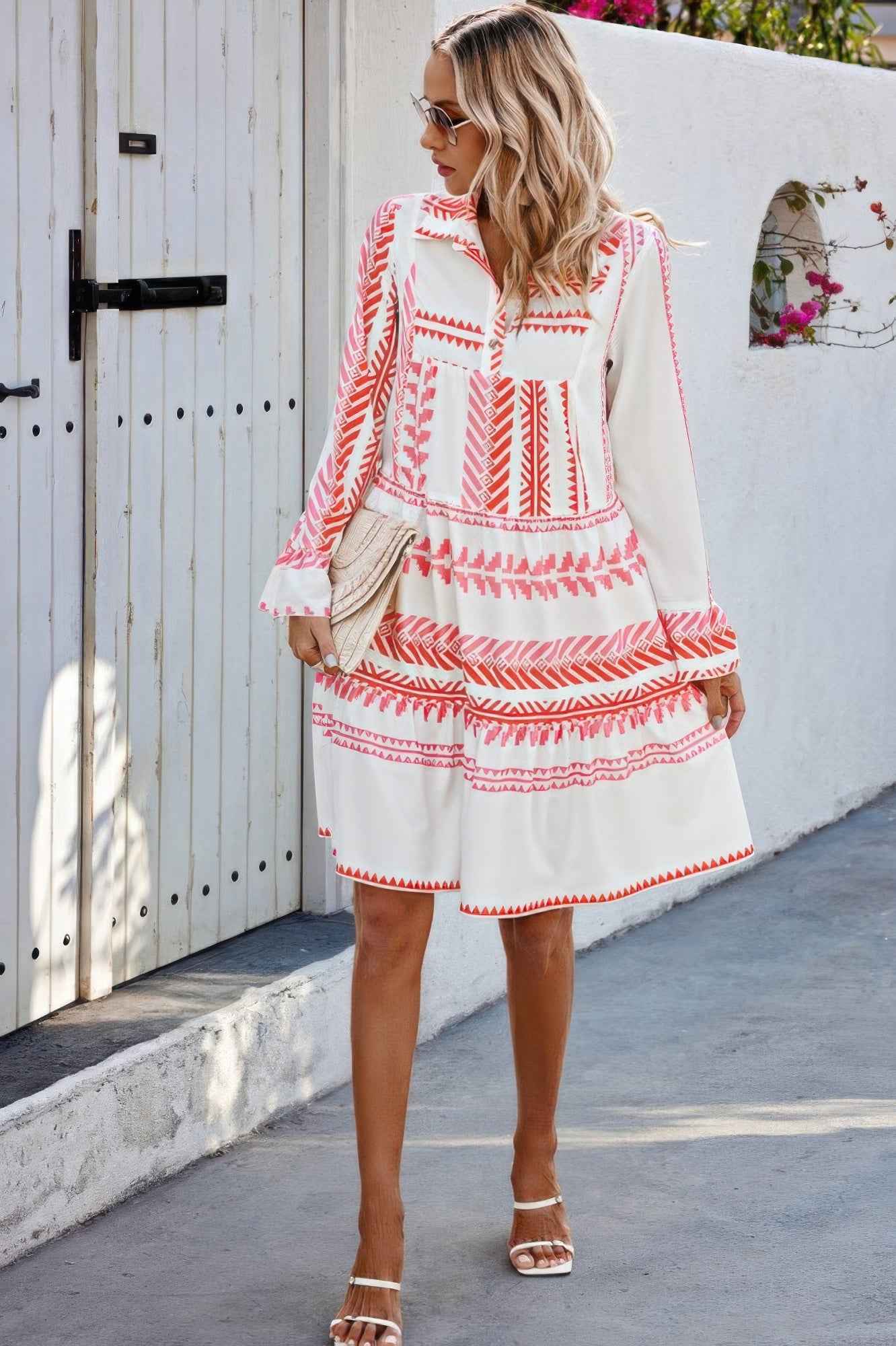 Geometric Printed Bell Ruffle Sleeve Button Dress
