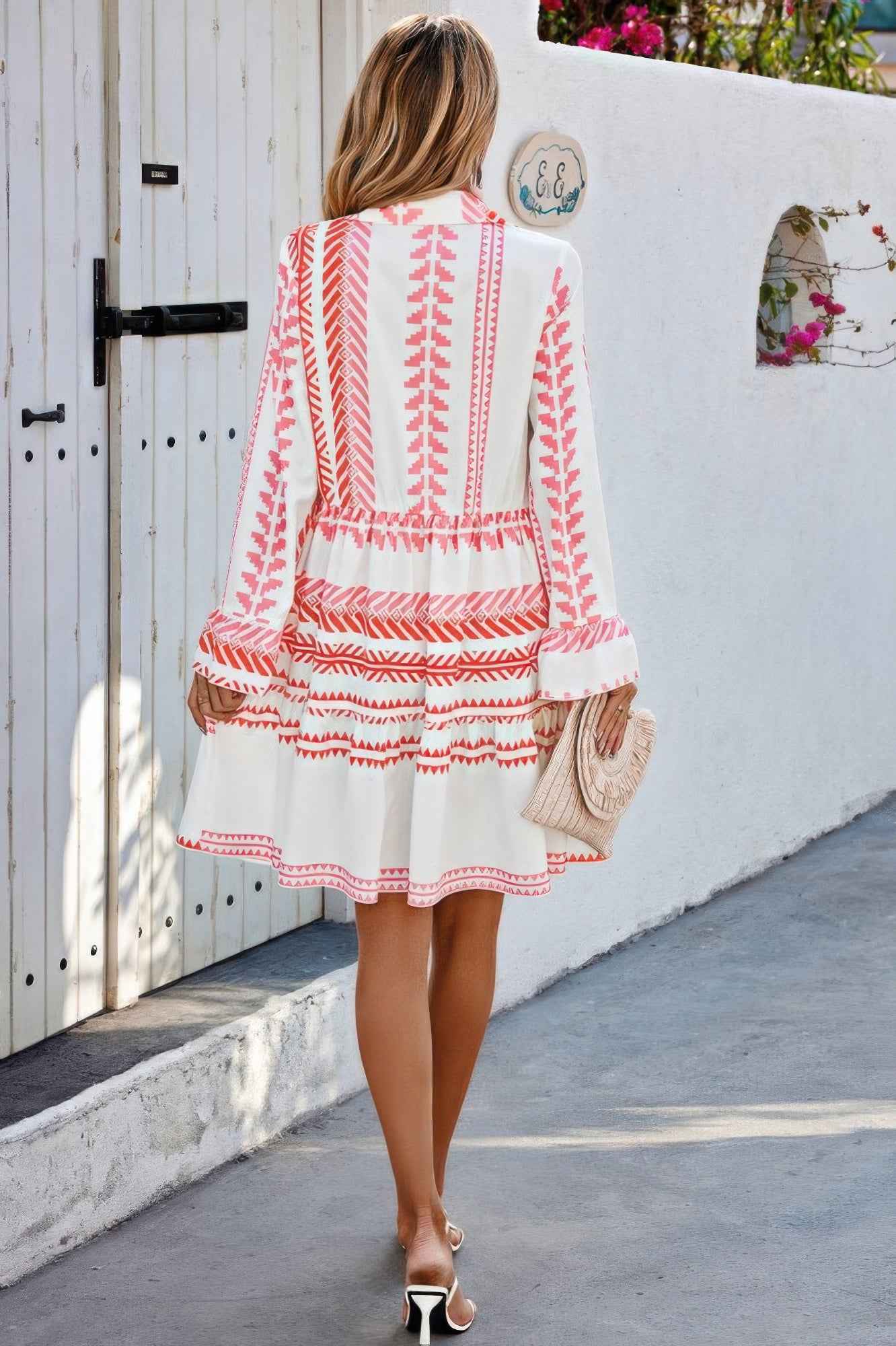 Geometric Printed Bell Ruffle Sleeve Button Dress